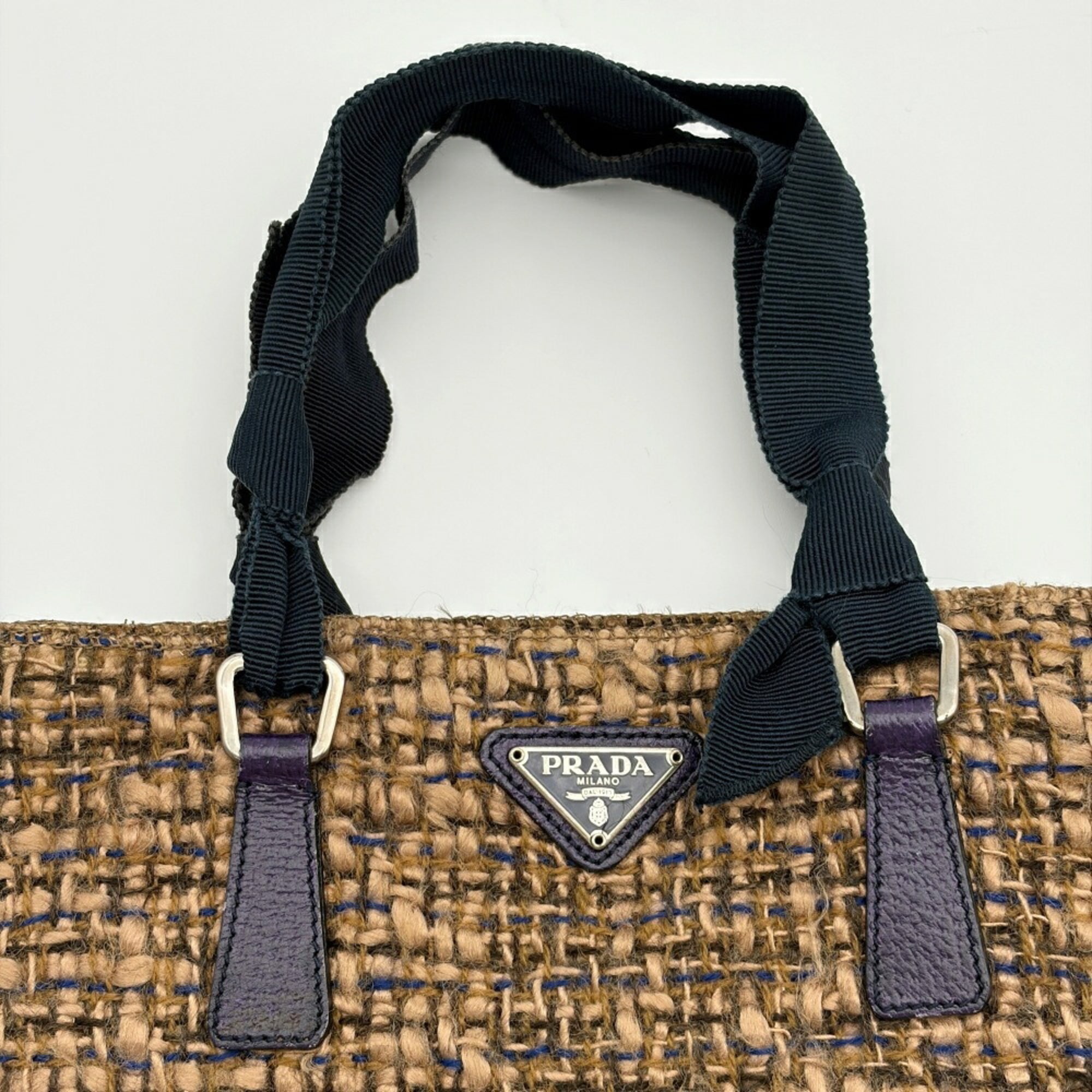Prada Brown Purple Wool Leather Tote Bag (Pre-Owned)