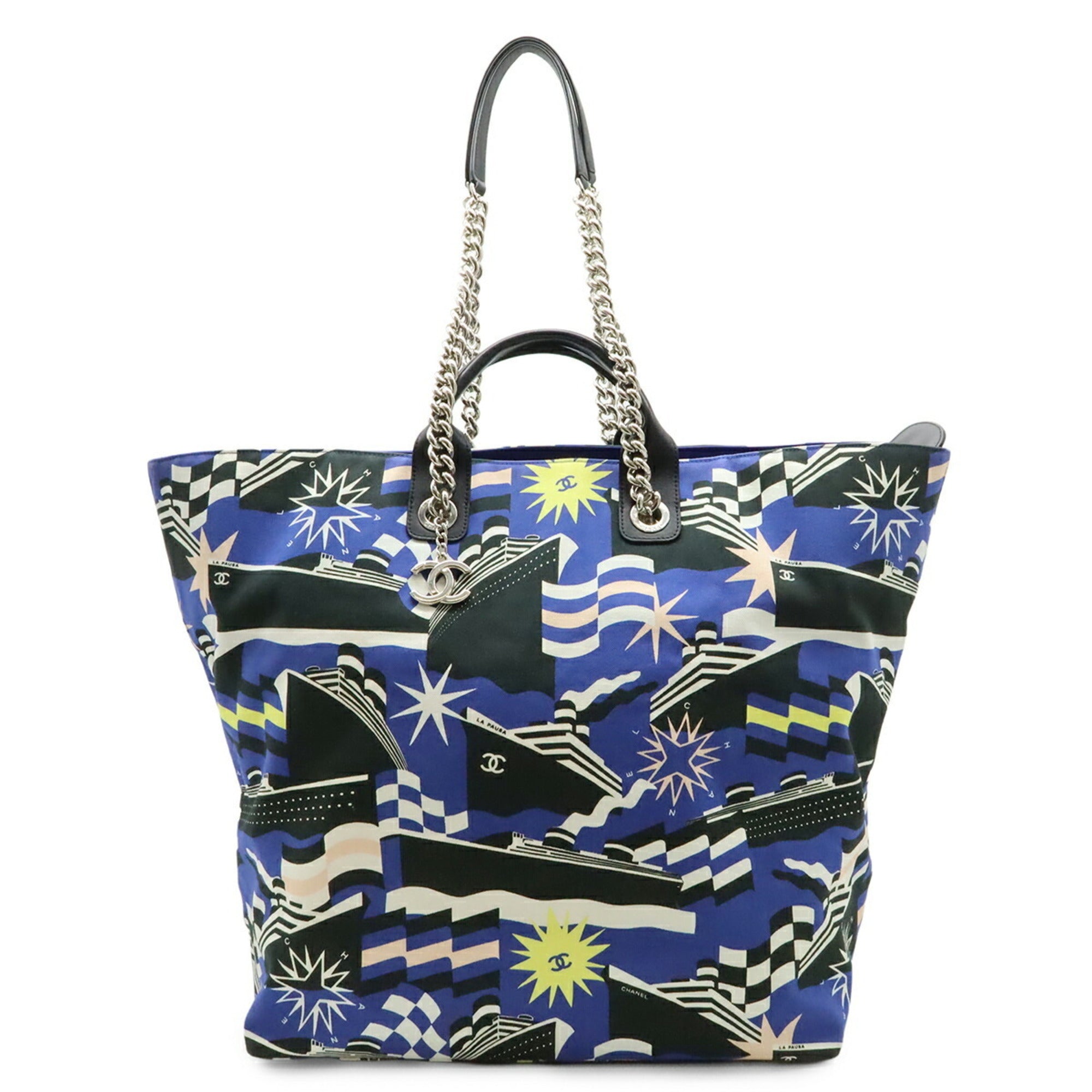 Chanel Black Blue Multi-Color Canvas Shoulder Bag Tote Bag (Pre-Owned)