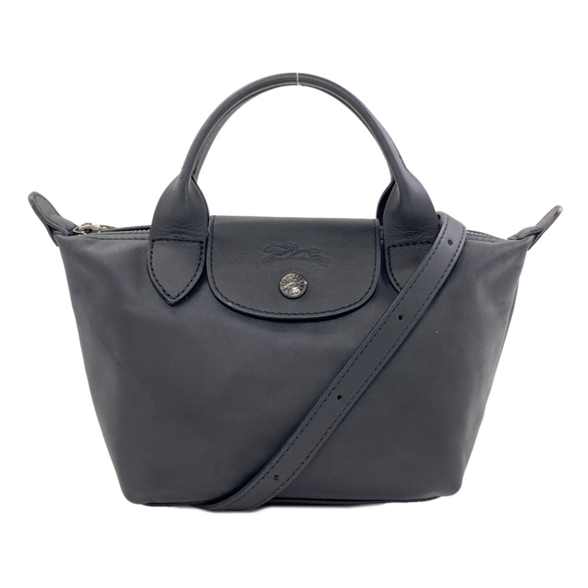 Longchamp Le Pliage Black Leather Handbag (Pre-Owned)