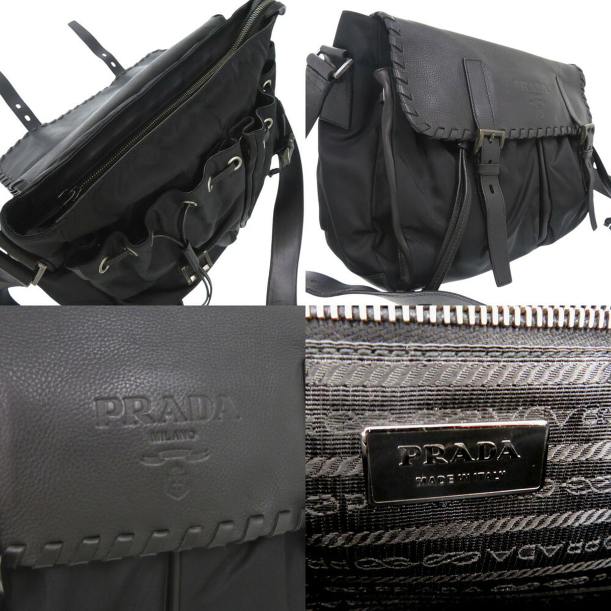 Prada Nero Leather Nylon Messenger Bag Shoulder Bag (Pre-Owned)