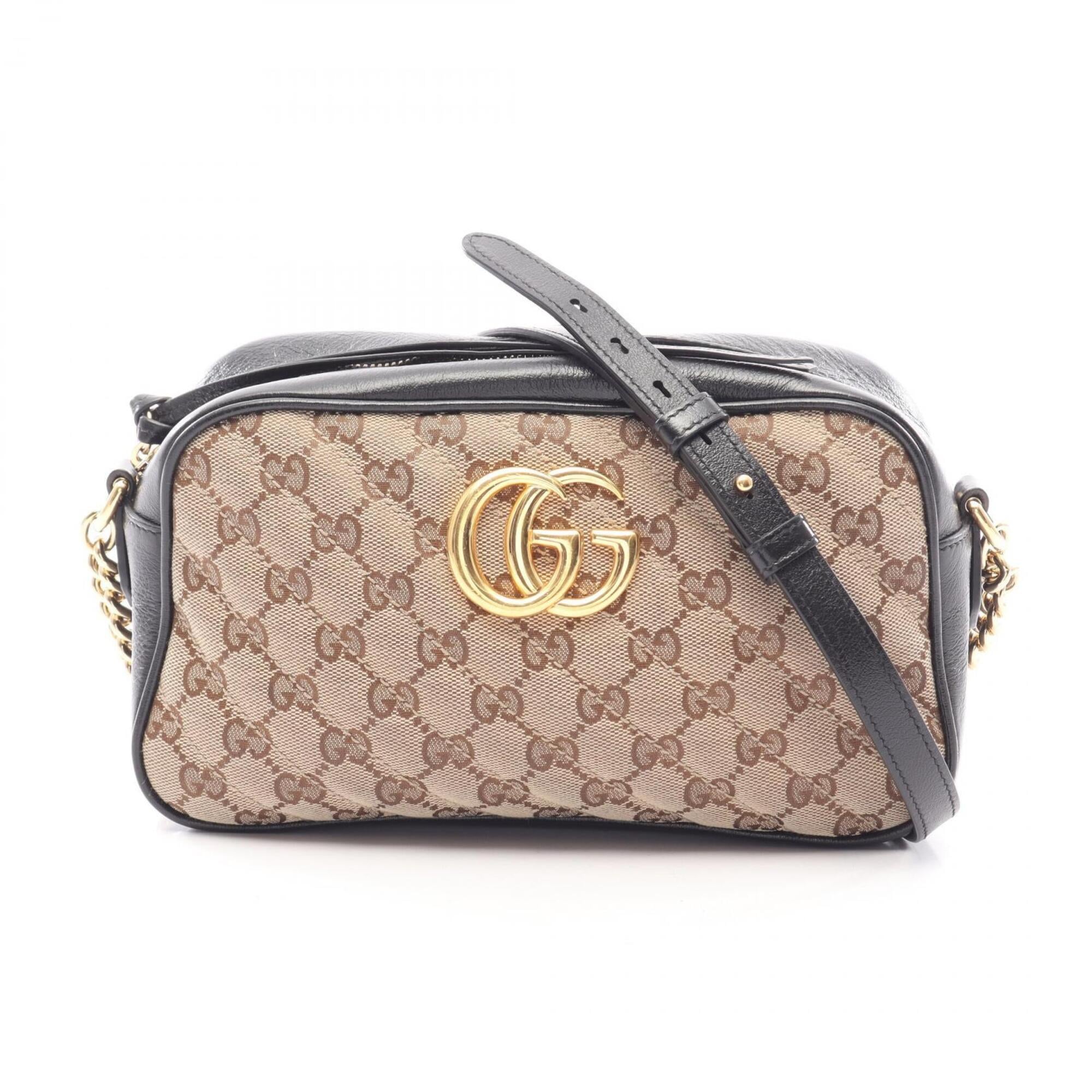 Gucci Gg Marmont Beige Black Brown Canvas Leather Handbag Shoulder Bag (Pre-Owned)