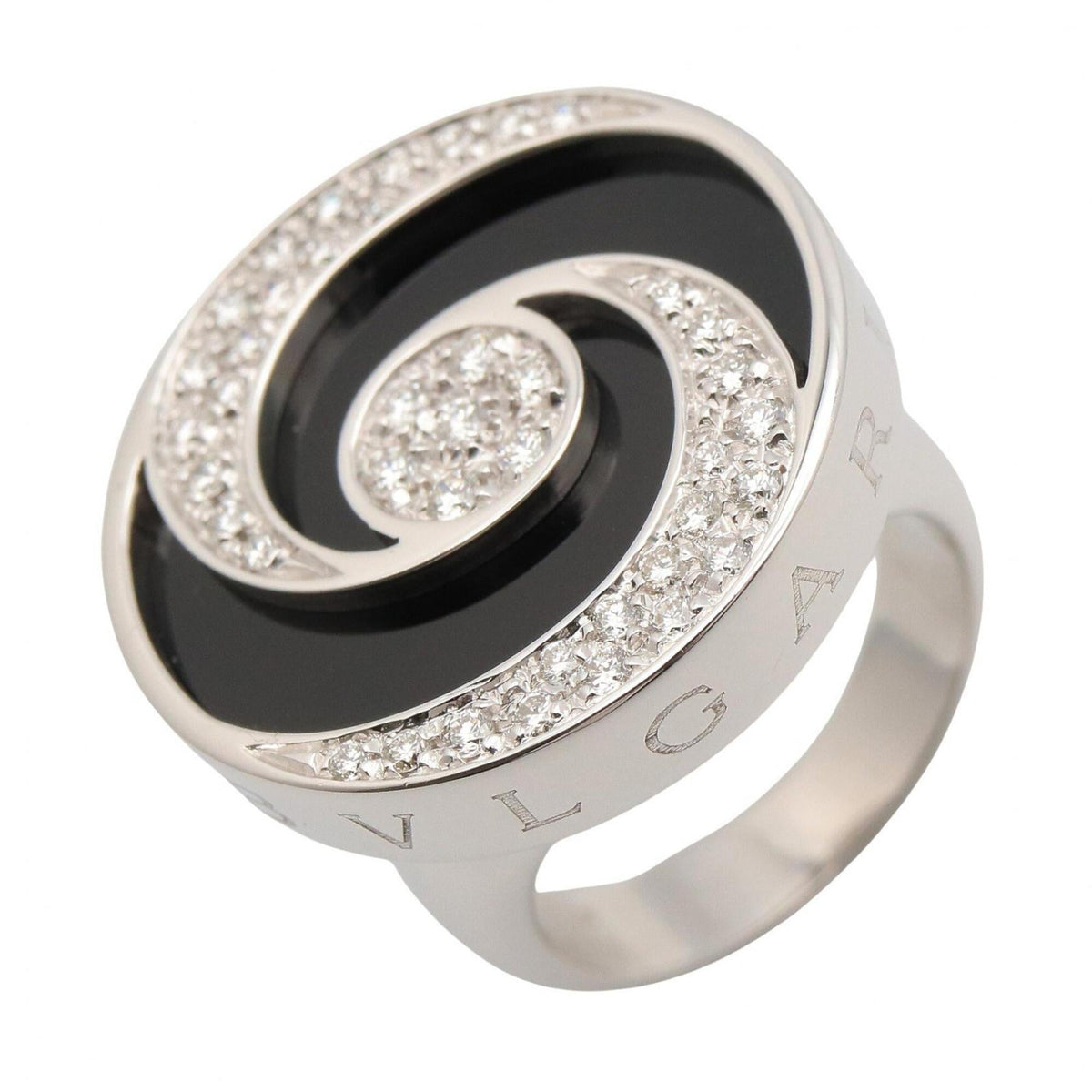 Bvlgari Silver Black Clear White Gold (18K) Stainless Steel Band Ring (Pre-Owned)