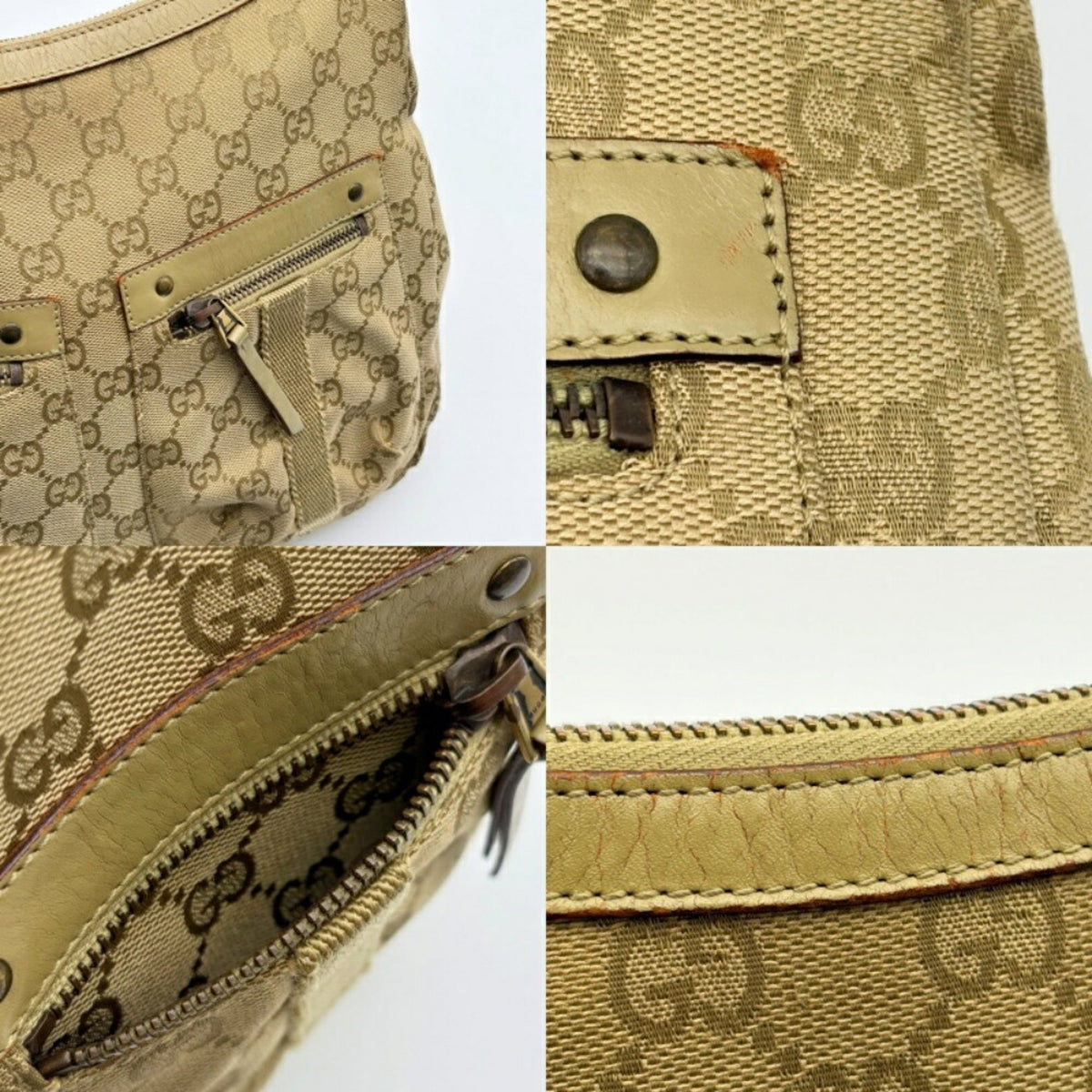 Gucci Gg Canvas Beige Gg Canvas Leather Shoulder Bag (Pre-Owned)