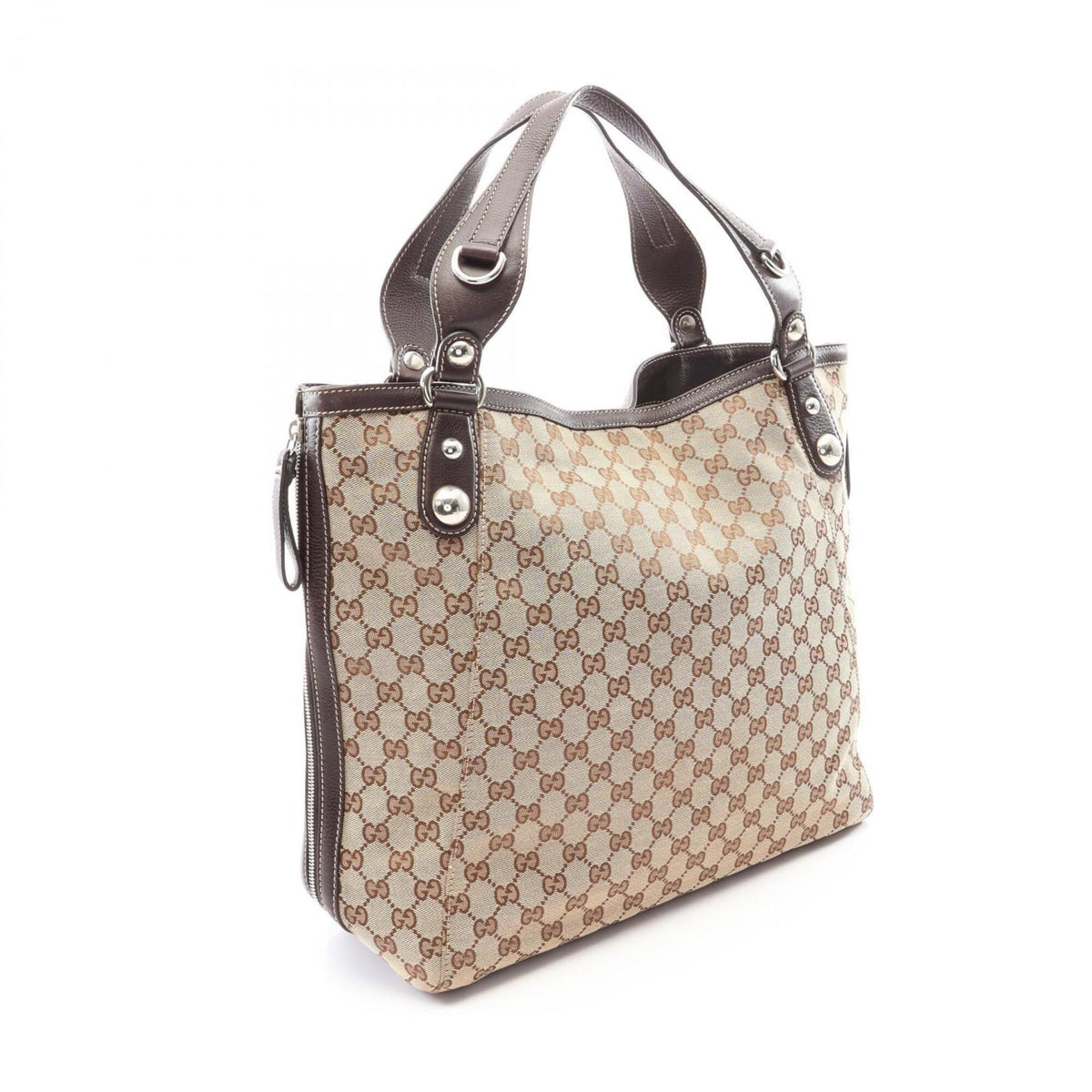 Gucci Beige Brown Canvas Leather Handbag Tote Bag (Pre-Owned)