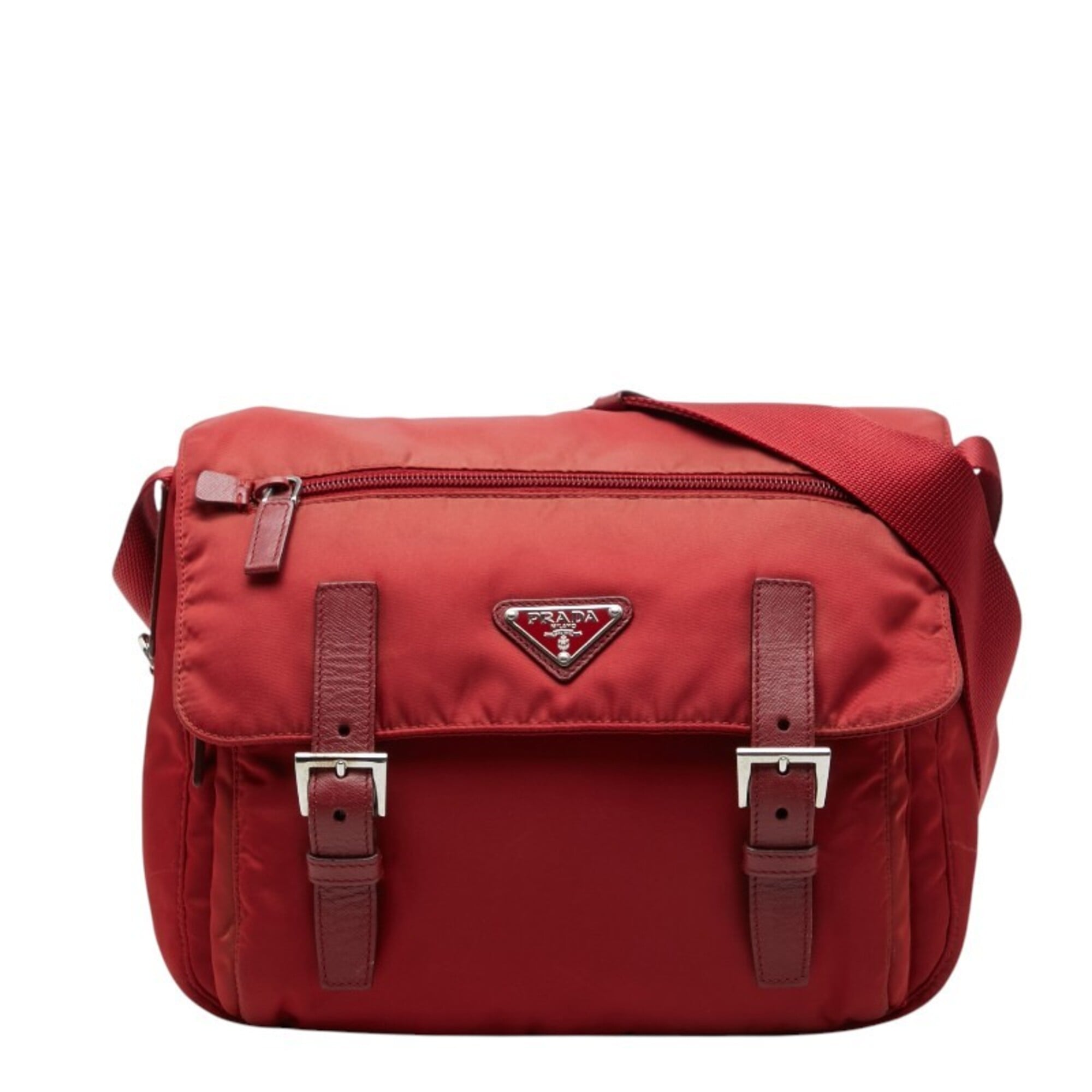 Prada Red Color Nylon Leather Shoulder Bag (Pre-Owned)