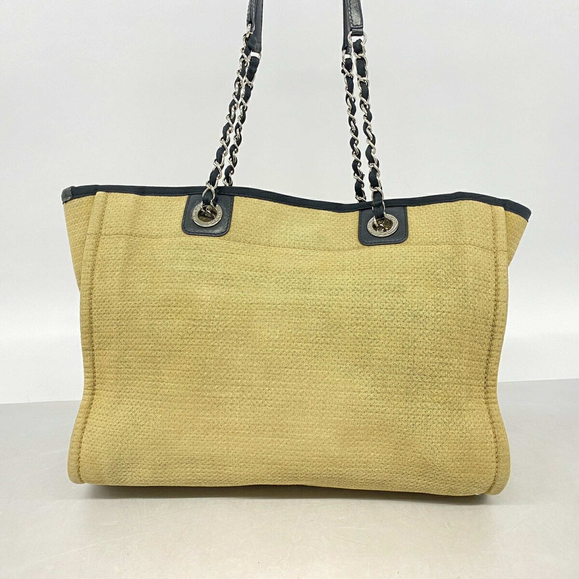 Chanel Beige Black Canvas Tote Bag (Pre-Owned)