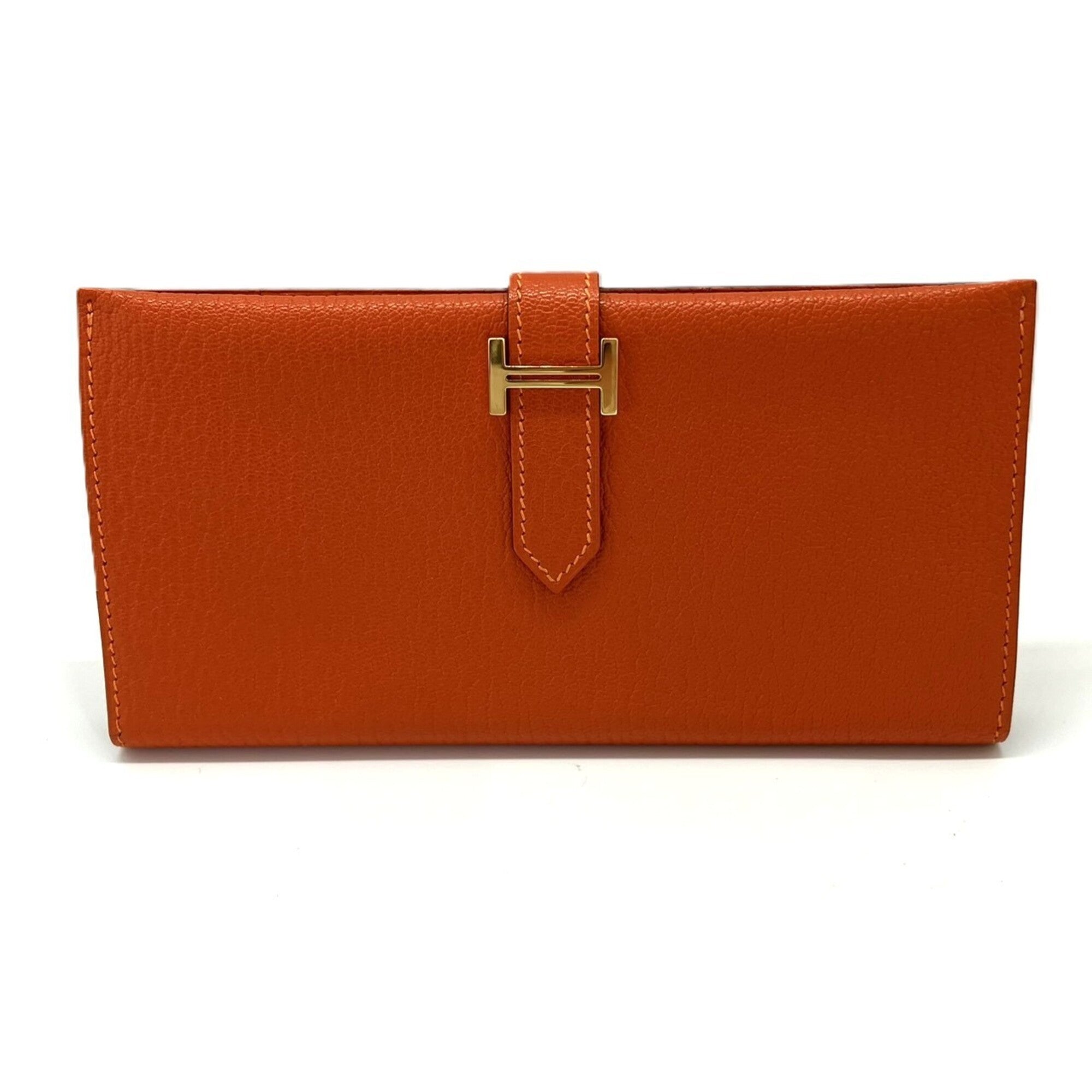 Hermes Bearn Orange Chevre Leather Long Wallet (Bi-Fold) (Pre-Owned)