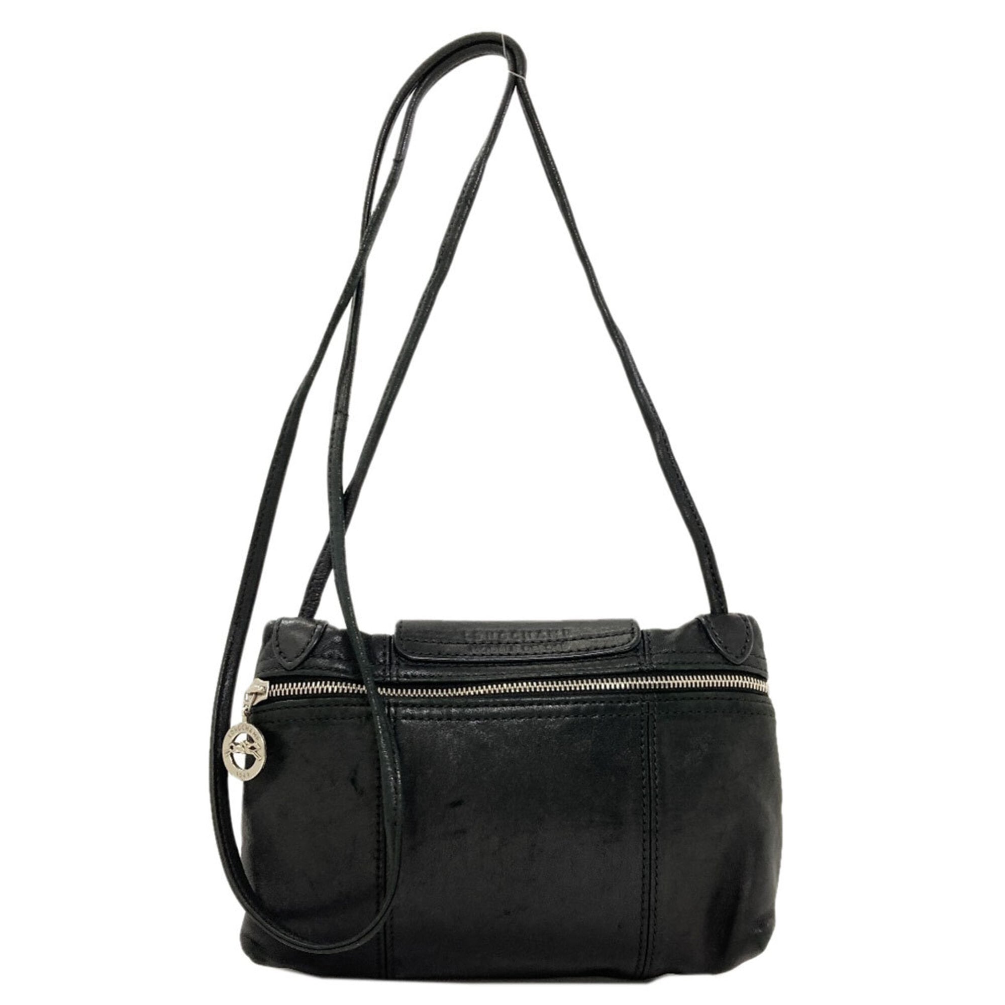 Longchamp Le Pliage Black Leather Shoulder Bag (Pre-Owned)