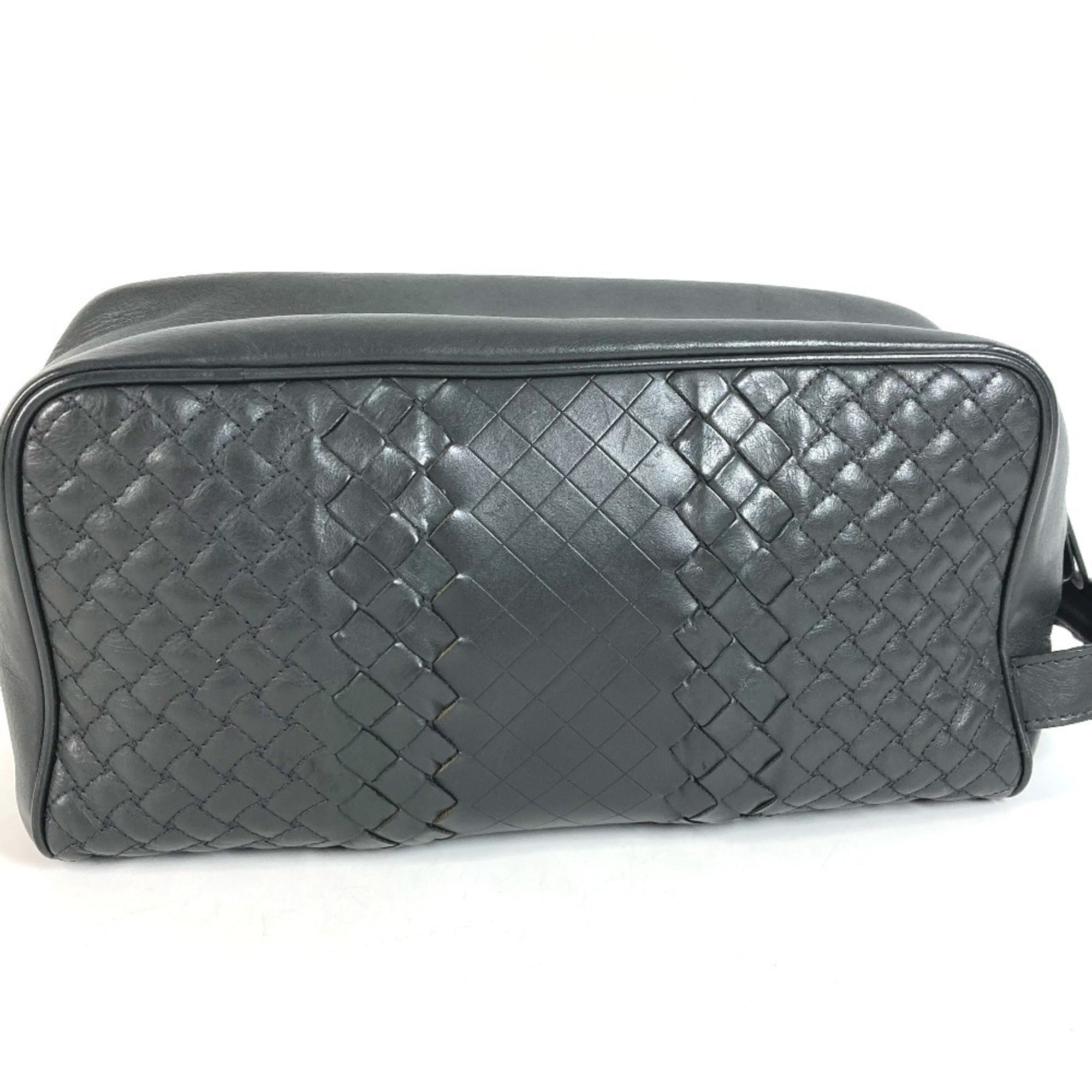 Bottega Veneta Intrecciato Dark Gray Leather Clutch Bag Handbag (Pre-Owned)