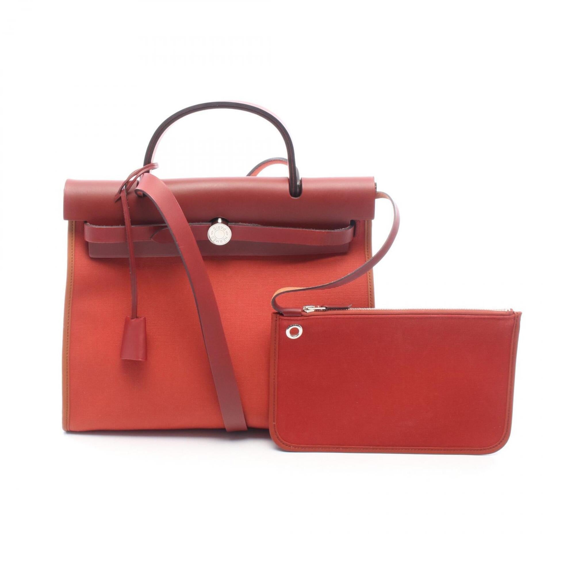 Hermes Red Color Rouge H Toile Officier Leather Handbag (Pre-Owned)