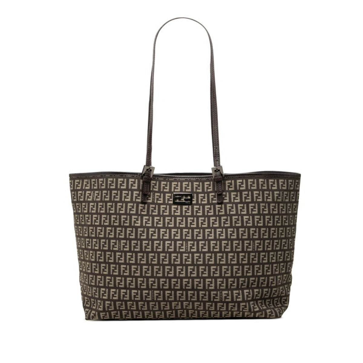 Fendi Zucchino Beige Brown Canvas Leather Shoulder Bag Tote Bag (Pre-Owned)