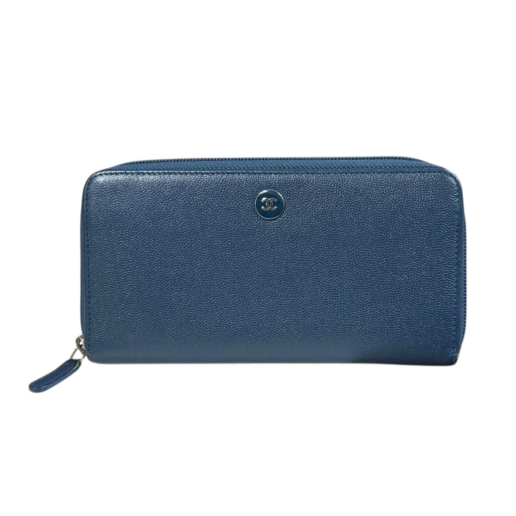 Chanel Blue Leather Long Wallet (Bi-Fold) (Pre-Owned)
