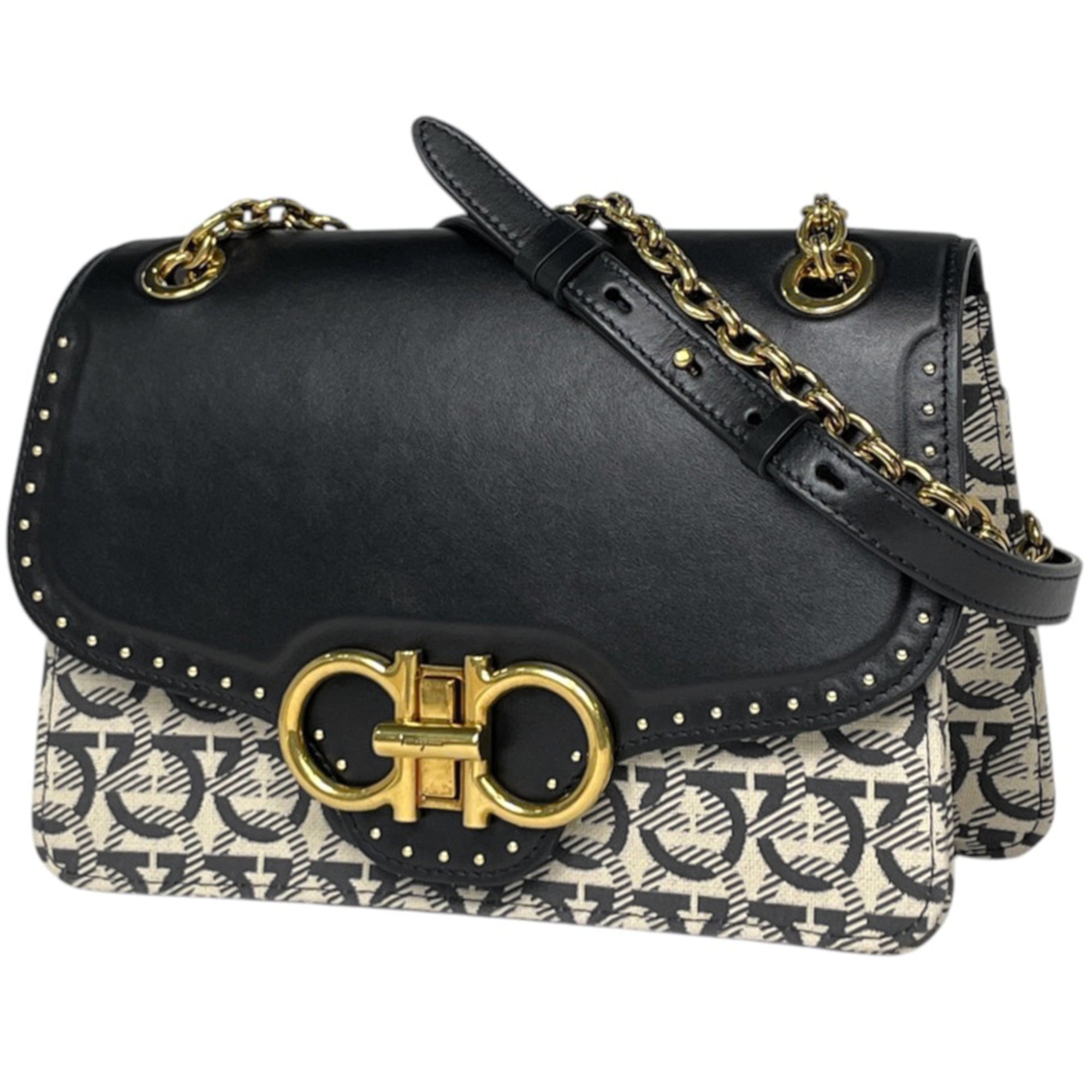 Salvatore Ferragamo Black Ivory Canvas Leather Shoulder Bag (Pre-Owned)