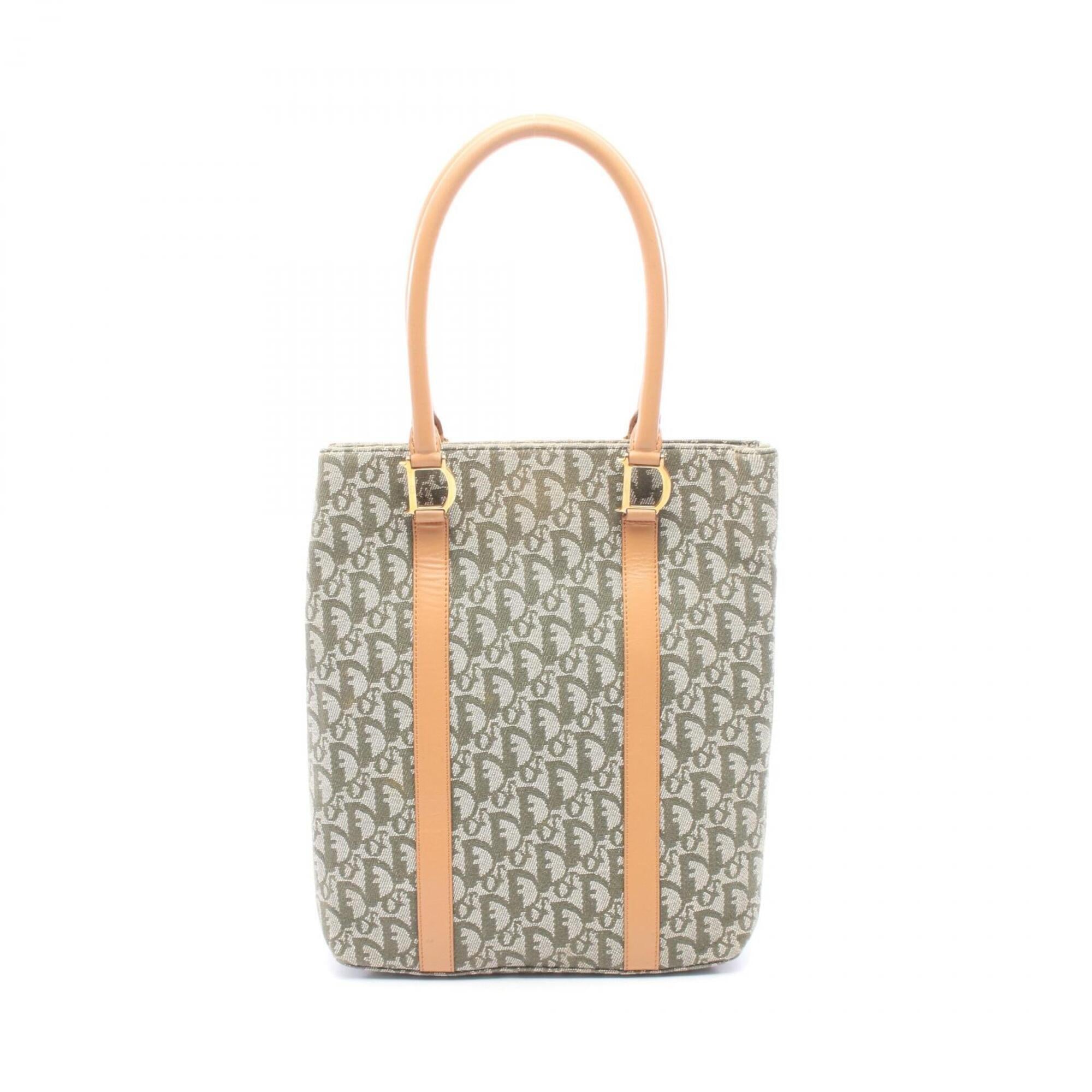 Christian Dior Beige Green Canvas Leather Handbag Tote Bag (Pre-Owned)