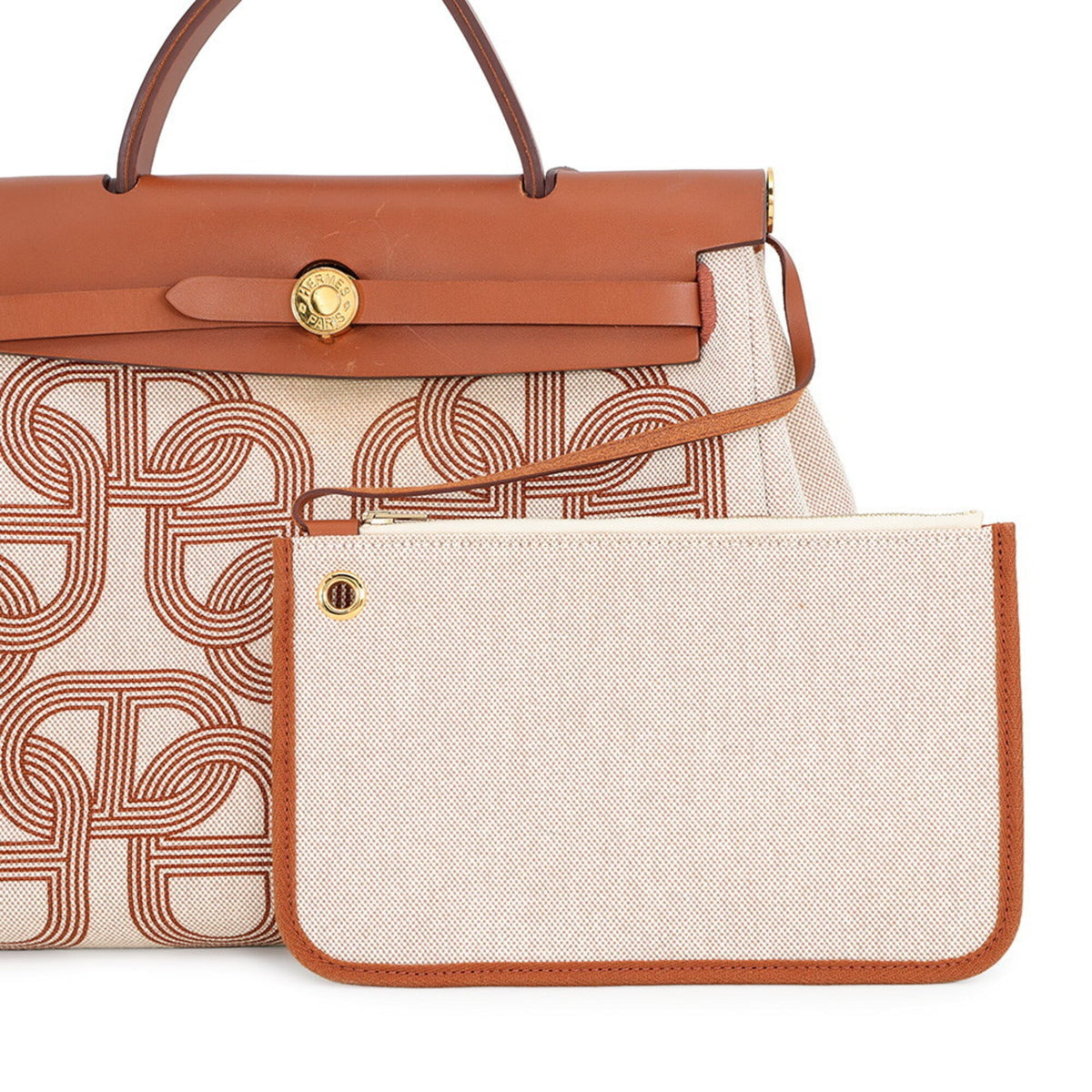 Hermes Beige Brown Ecru Toile H Leather Handbag (Pre-Owned)