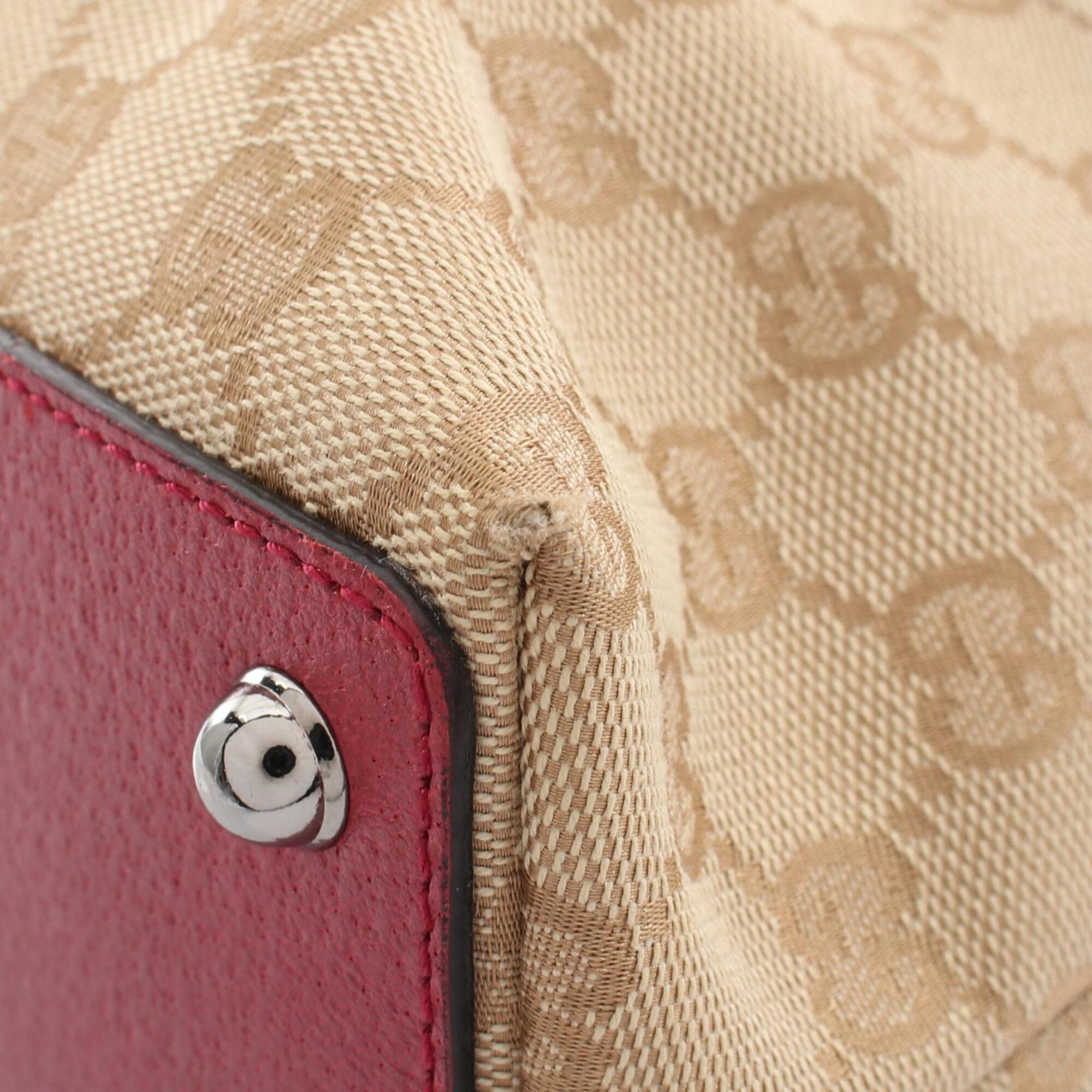 Gucci Beige Bordeaux Canvas Leather Handbag Tote Bag (Pre-Owned)