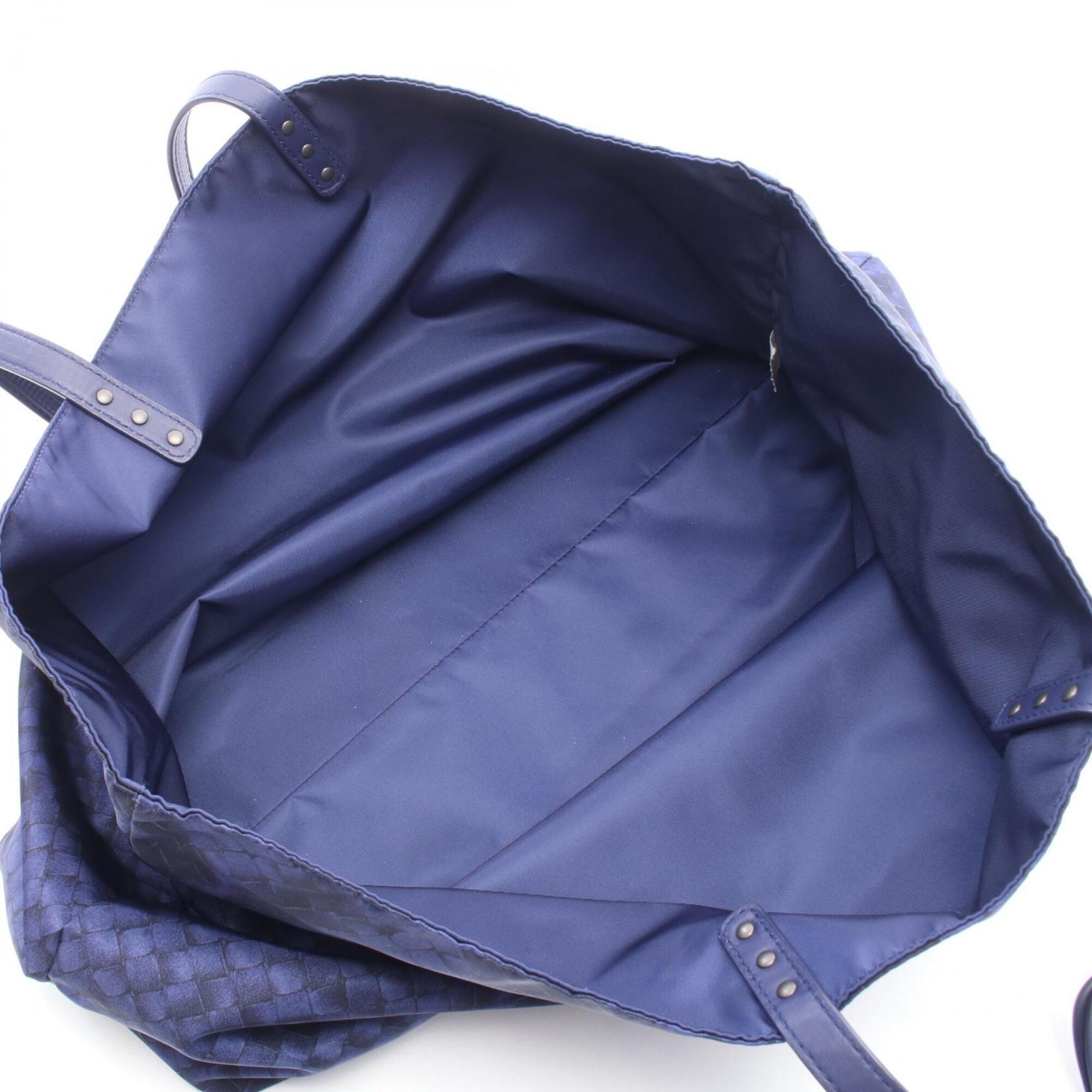 Bottega Veneta Blue Navy Nylon Leather Handbag Tote Bag (Pre-Owned)