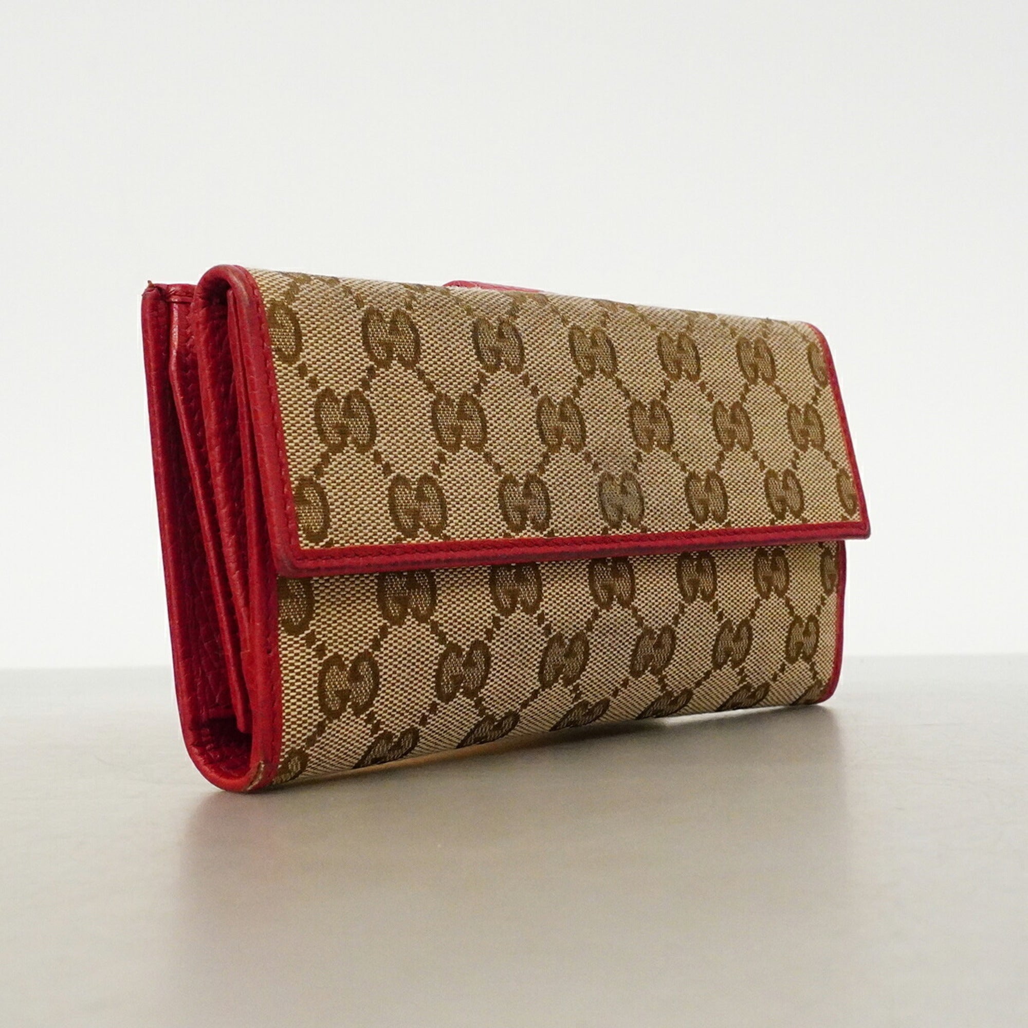 Gucci Beige Red Color Canvas Long Wallet (Bi-Fold) (Pre-Owned)