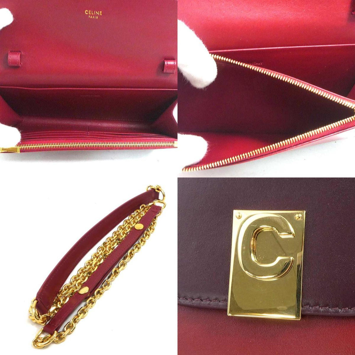 Celine Bordeaux Red Color Leather Chain/Shoulder Wallet (Pre-Owned)