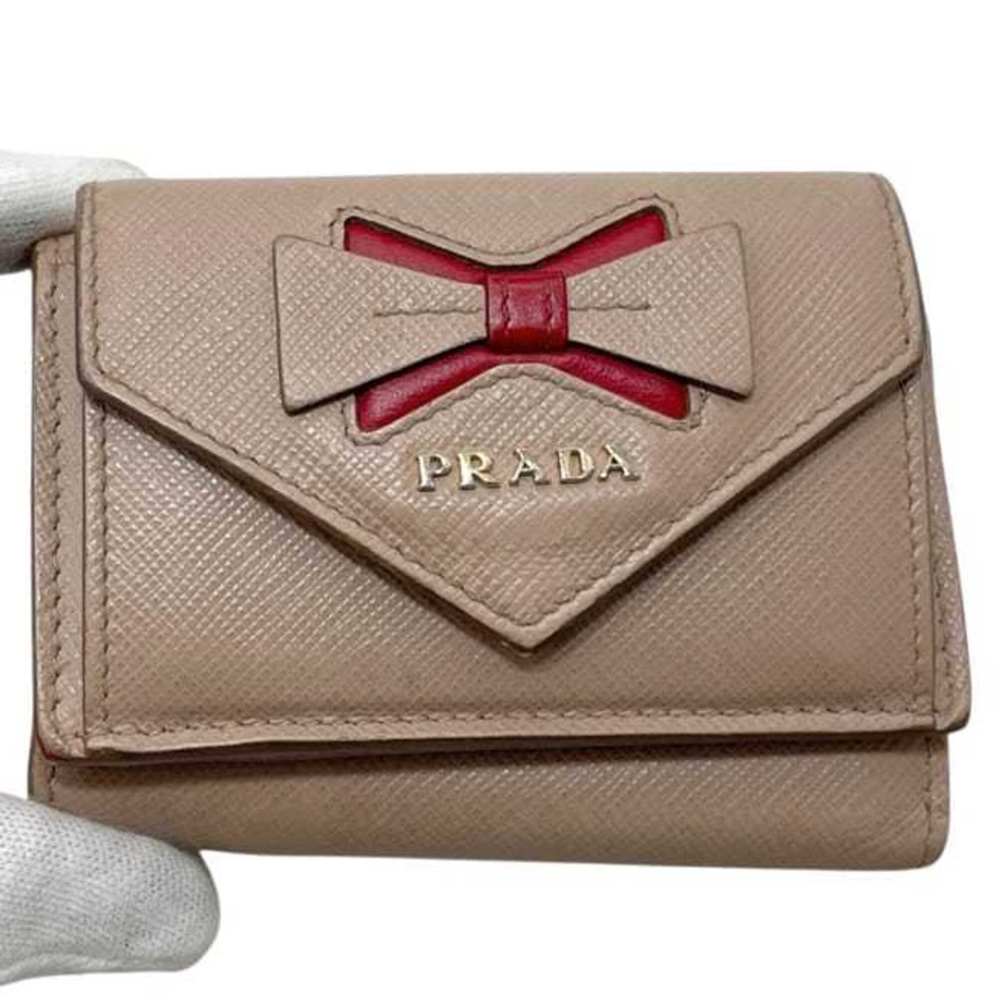 Prada Saffiano Beige Leather Wallet (Tri-Fold) (Pre-Owned)
