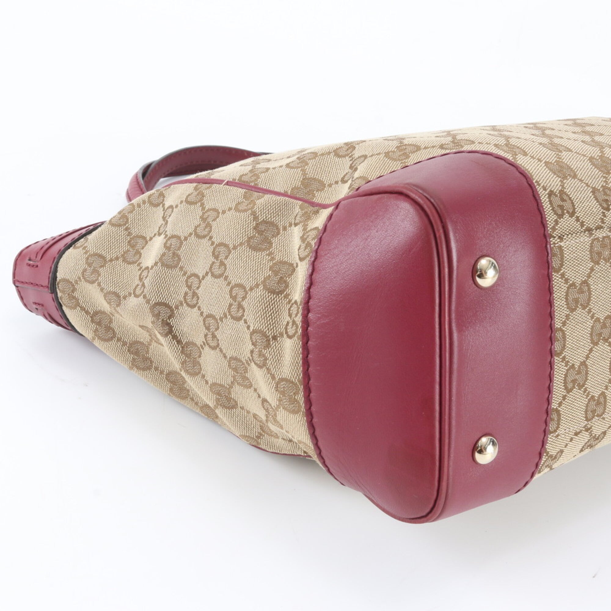 Gucci Beige Red Color Leather Canvas Shoulder Bag Tote Bag (Pre-Owned)