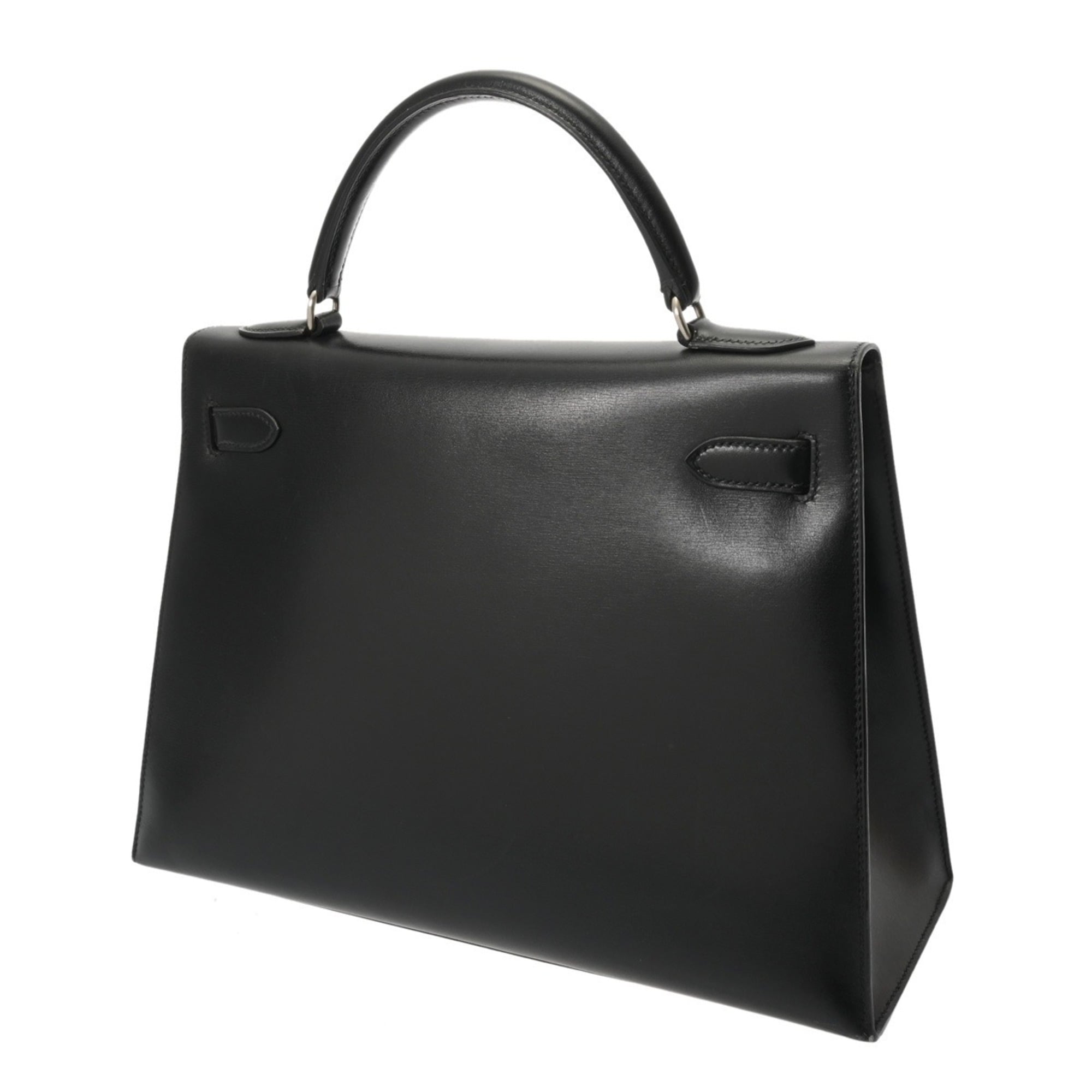 Hermes Kelly Black Matte Silver Box Calf Leather Shopping Bag (Pre-Owned)