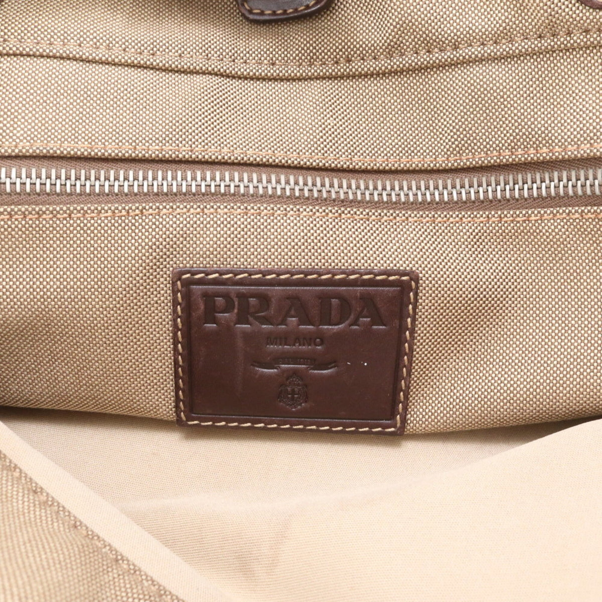 Prada Brown Leather Canvas Handbag Shoulder Bag Tote Bag (Pre-Owned)
