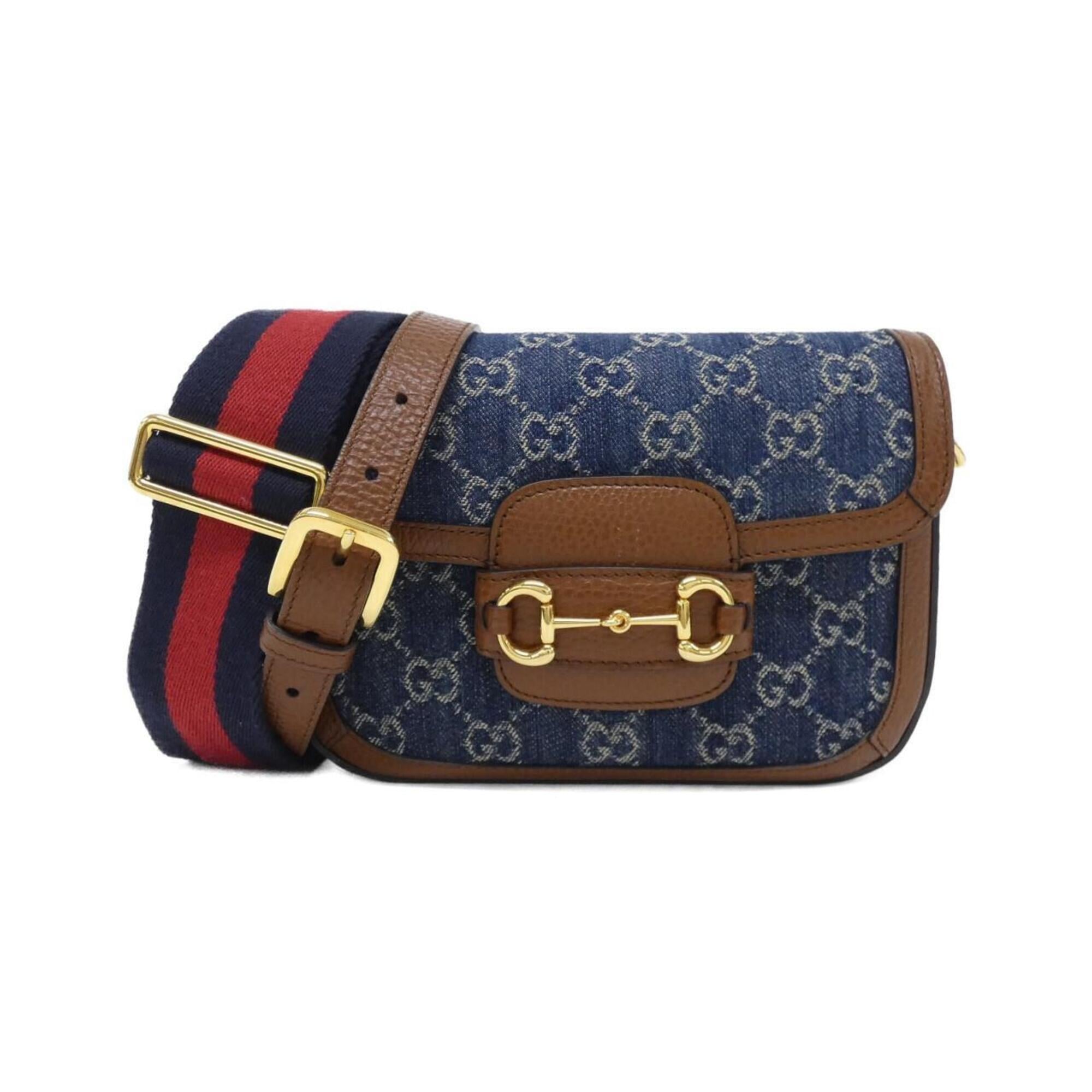 Gucci Dark Blue Ivory Jacquard Denim Leather Shoulder Bag (Pre-Owned)