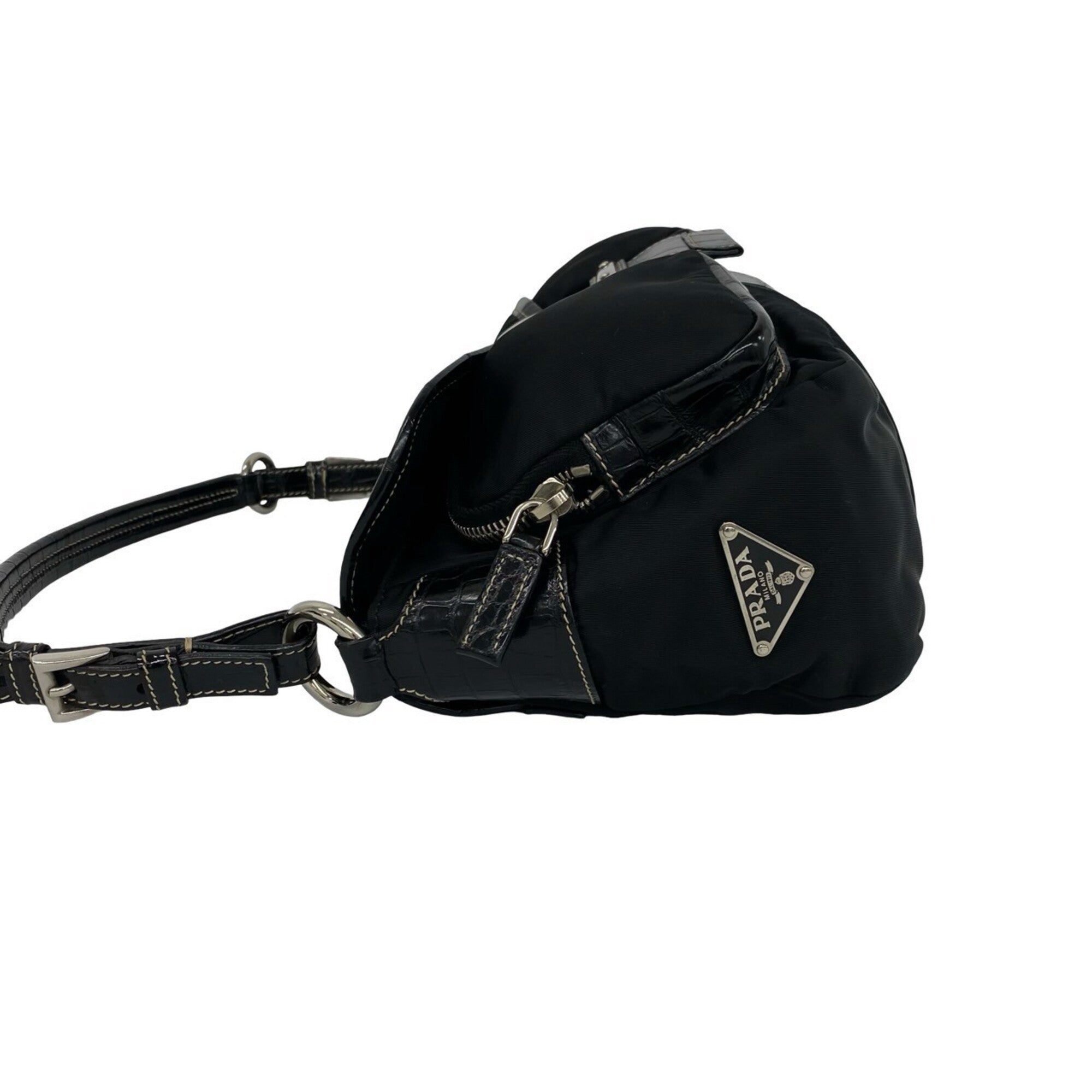 Prada Black Leather Nylon Handbag Shoulder Bag (Pre-Owned)