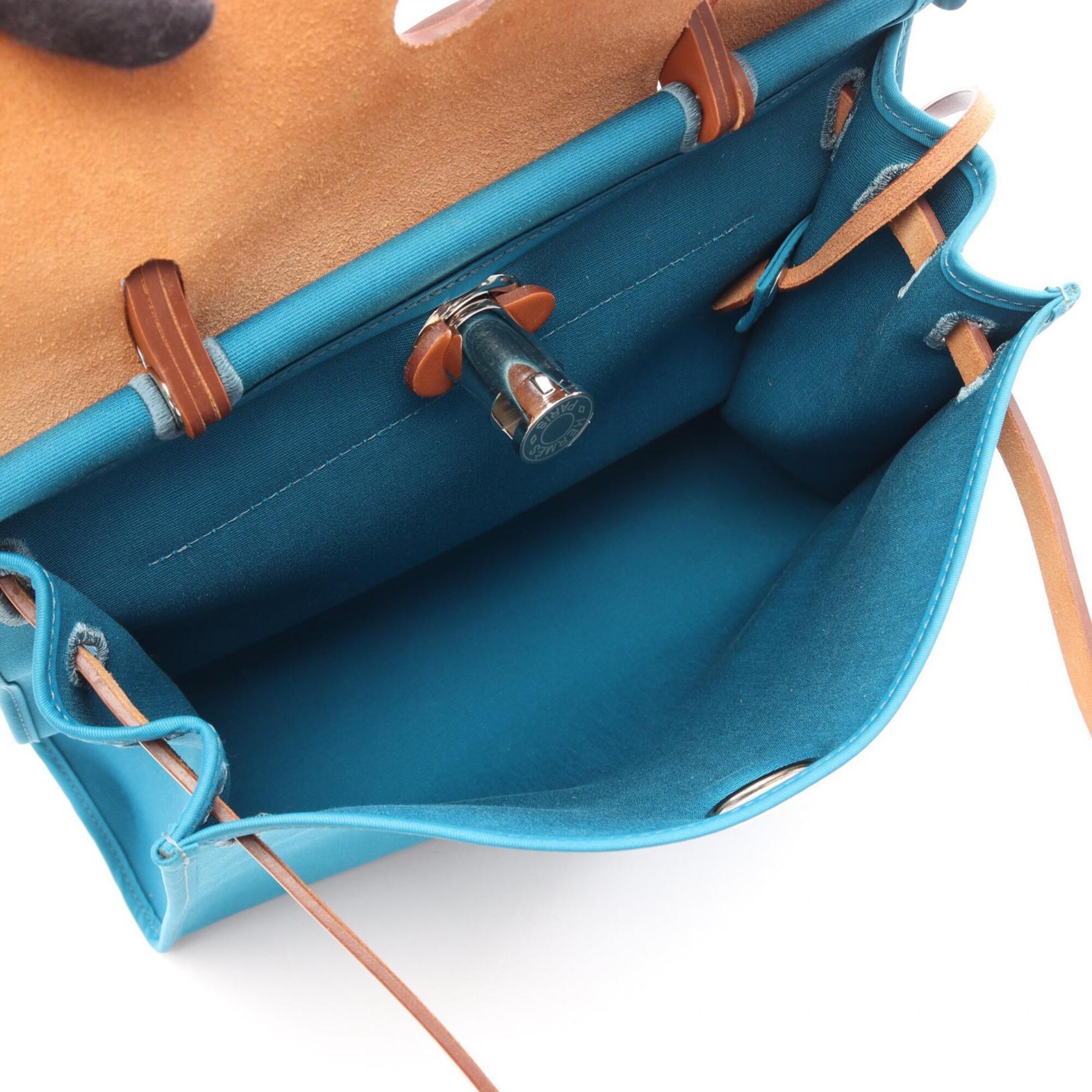 Hermes Blue Brown Canvas Toile Officier Handbag (Pre-Owned)