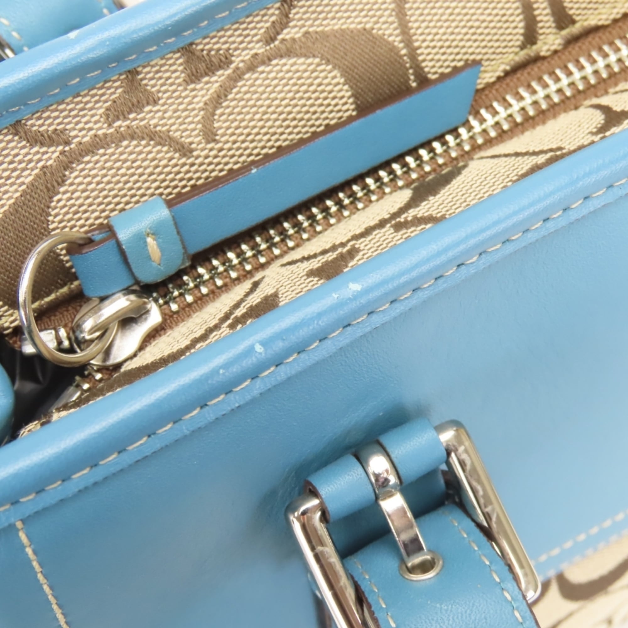 Coach Beige Blue Signature Line Canvas Leather Handbag (Pre-Owned)