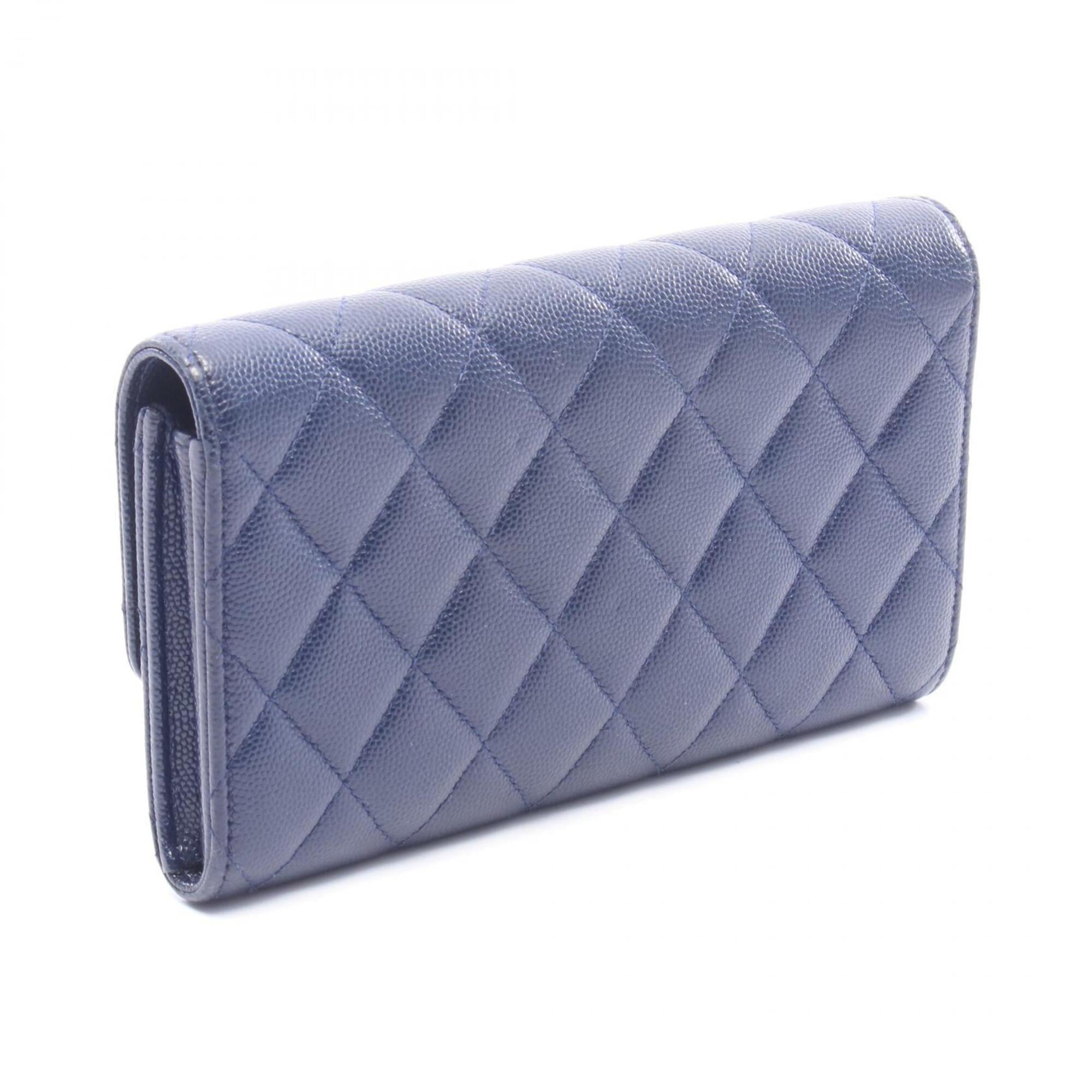 Chanel Navy Grained Calfskin Long Wallet (Bi-Fold) (Pre-Owned)
