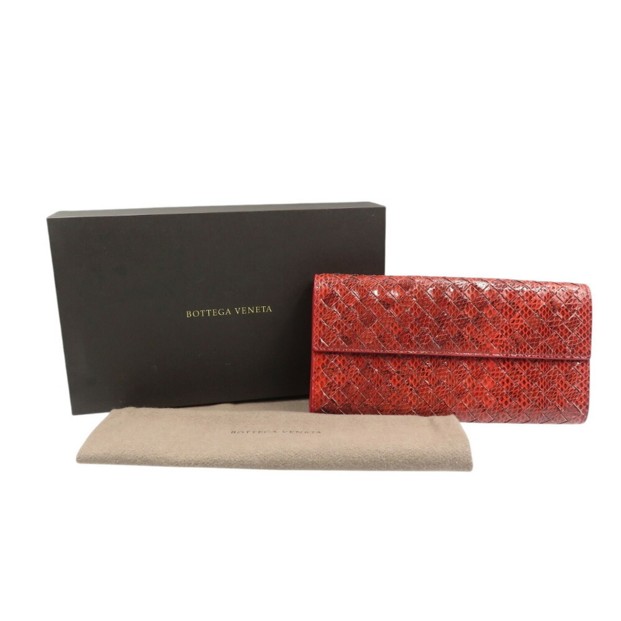 Bottega Veneta Red Color Intrecciato Long Wallet (Bi-Fold) (Pre-Owned)