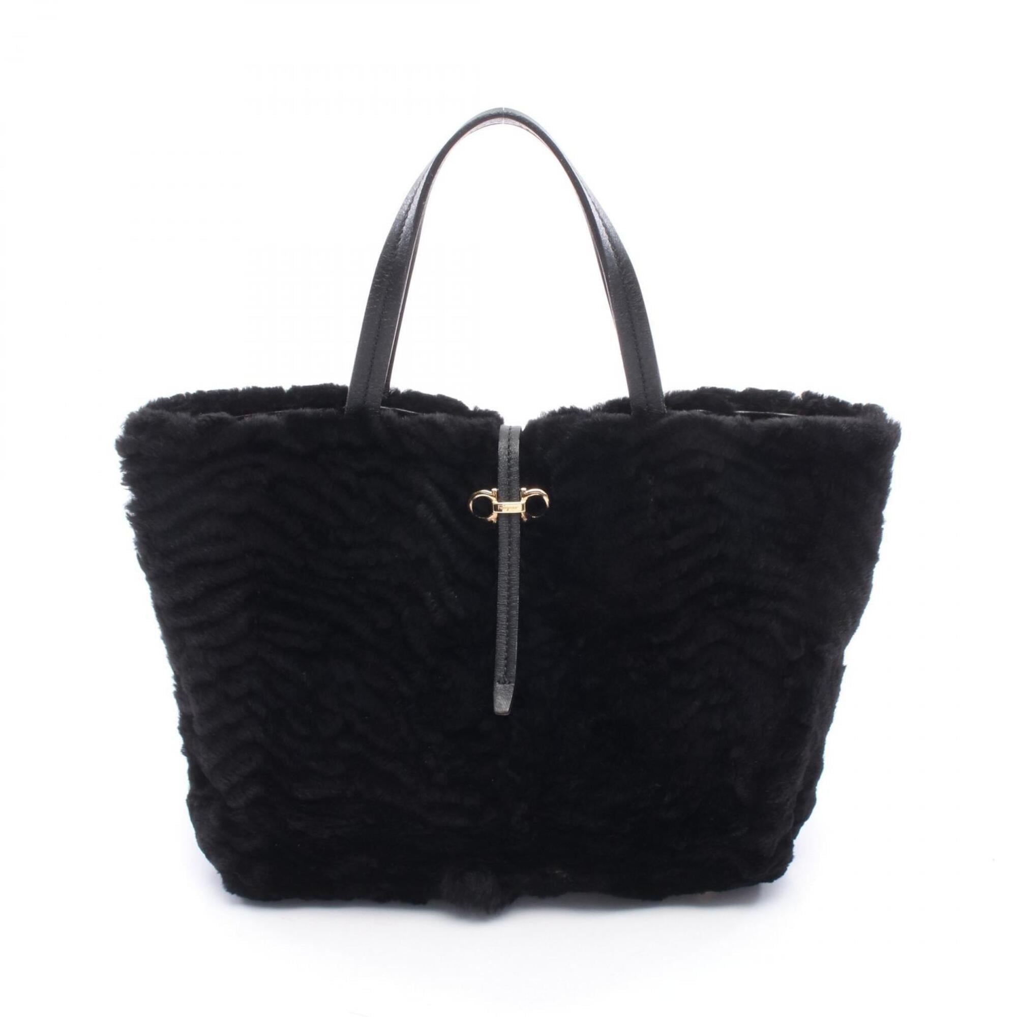 Salvatore Ferragamo Black Leather Fur Handbag Tote Bag (Pre-Owned)