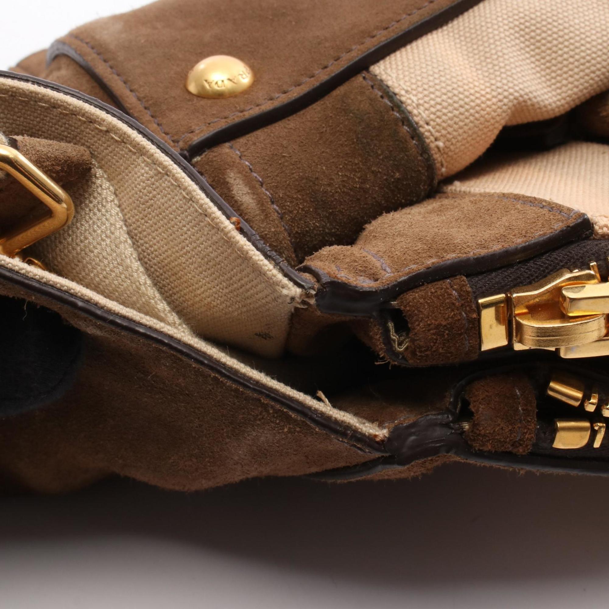 Prada Beige Brown Canvas Suede Handbag (Pre-Owned)