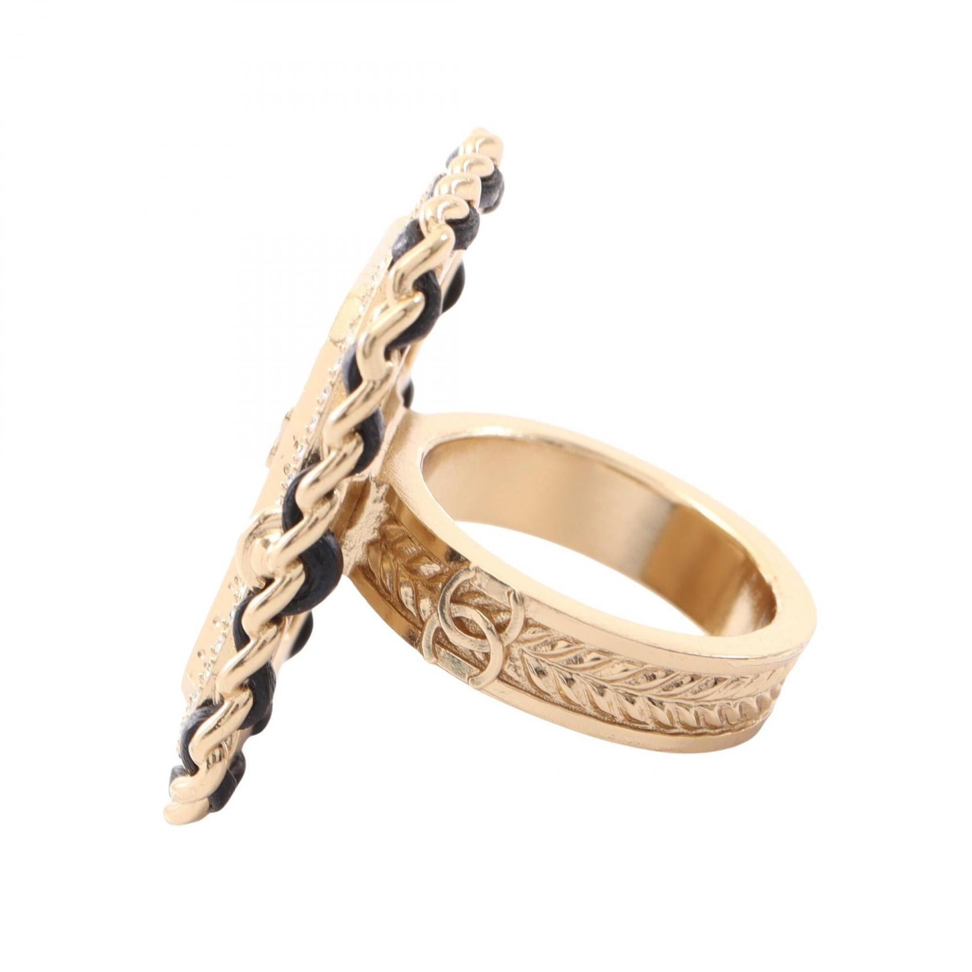 Chanel Gold Black Clear Gold Plating Rhinestone Band Ring (Pre-Owned)