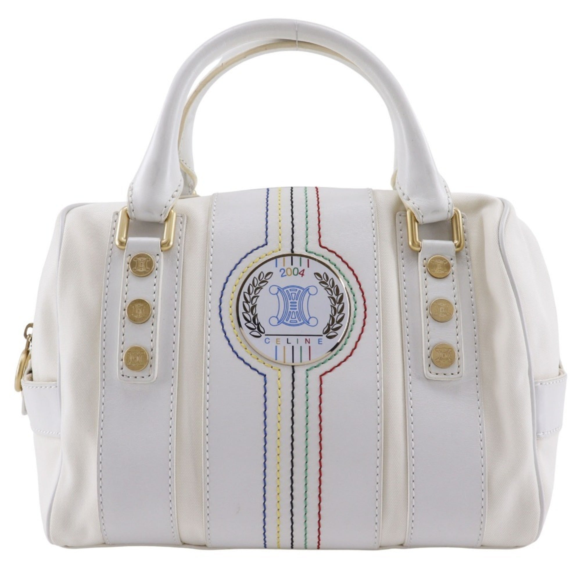 Celine White Nylon Canvas Leather Boston Bag Handbag (Pre-Owned)