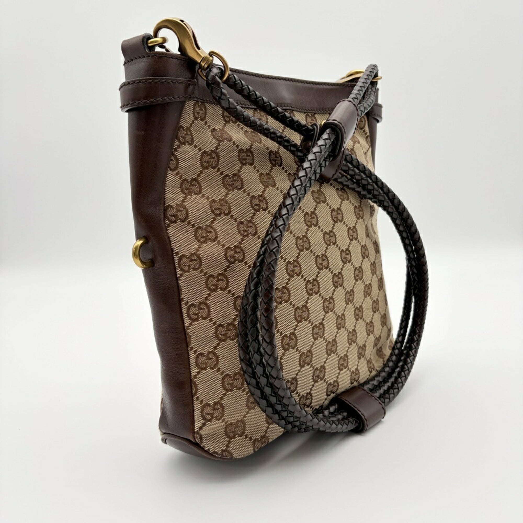Gucci Gg Canvas Beige Dark Brown Gg Canvas Leather Shoulder Bag (Pre-Owned)