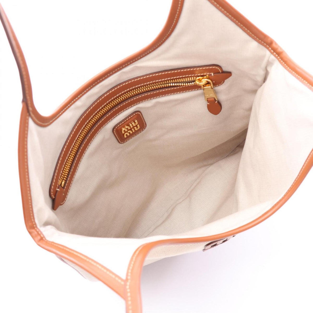 Miu Miu Brown Ivory Canvas Leather Handbag Tote Bag (Pre-Owned)