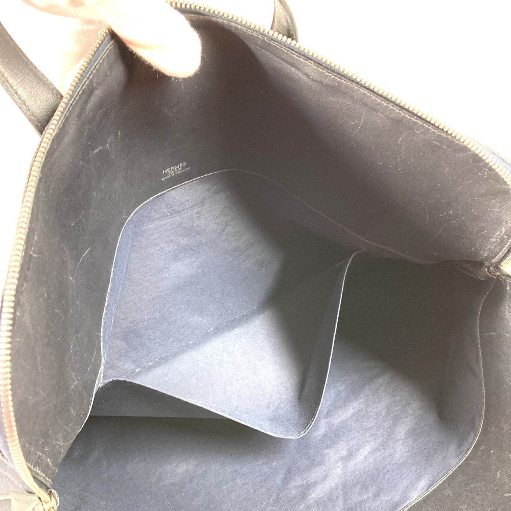 Hermes Black Navy Canvas Leather Boston Bag Handbag Tote Bag (Pre-Owned)