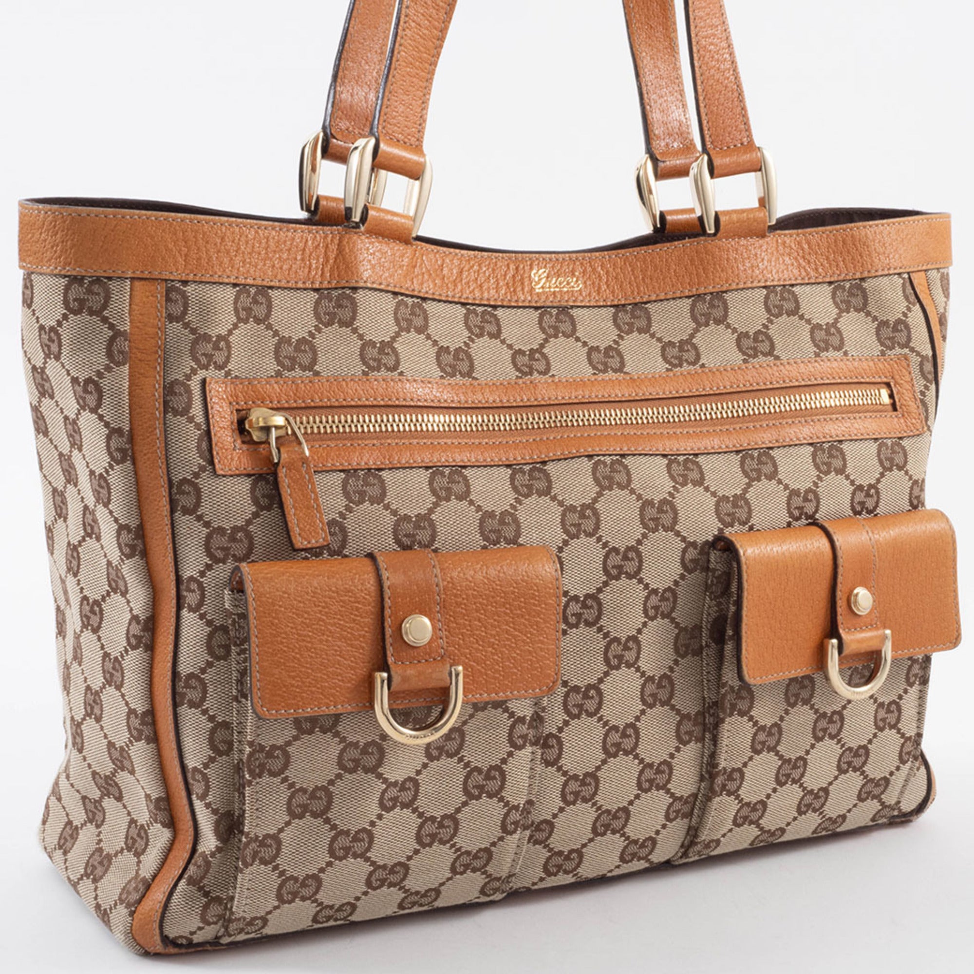 Gucci Abbey Beige Brown Gg Canvas Leather Tote Bag (Pre-Owned)