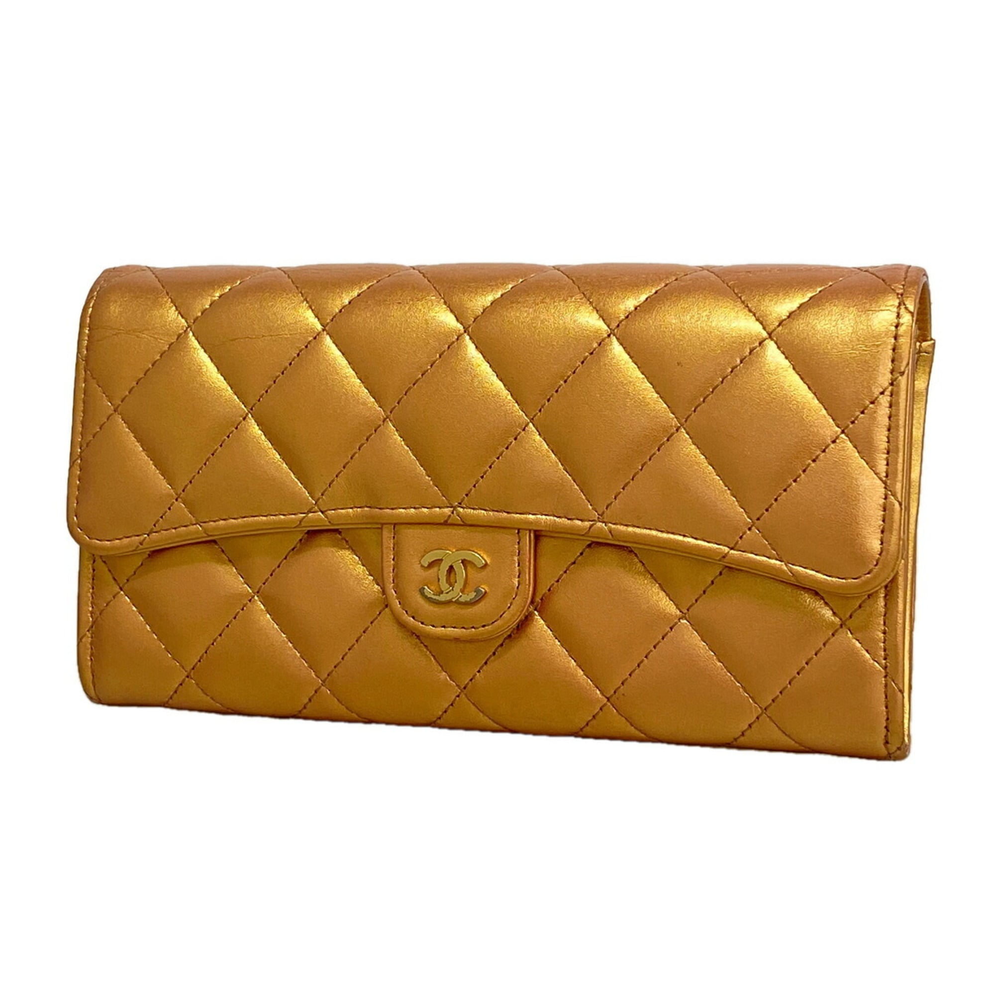 Chanel Metallic Orange Leather Long Wallet (Bi-Fold) (Pre-Owned)