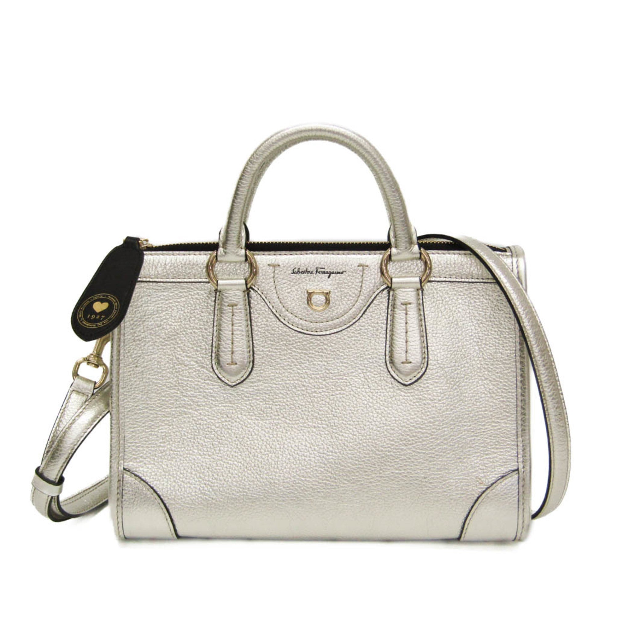 Salvatore Ferragamo Gancini Silver Leather Handbag Shoulder Bag (Pre-Owned)