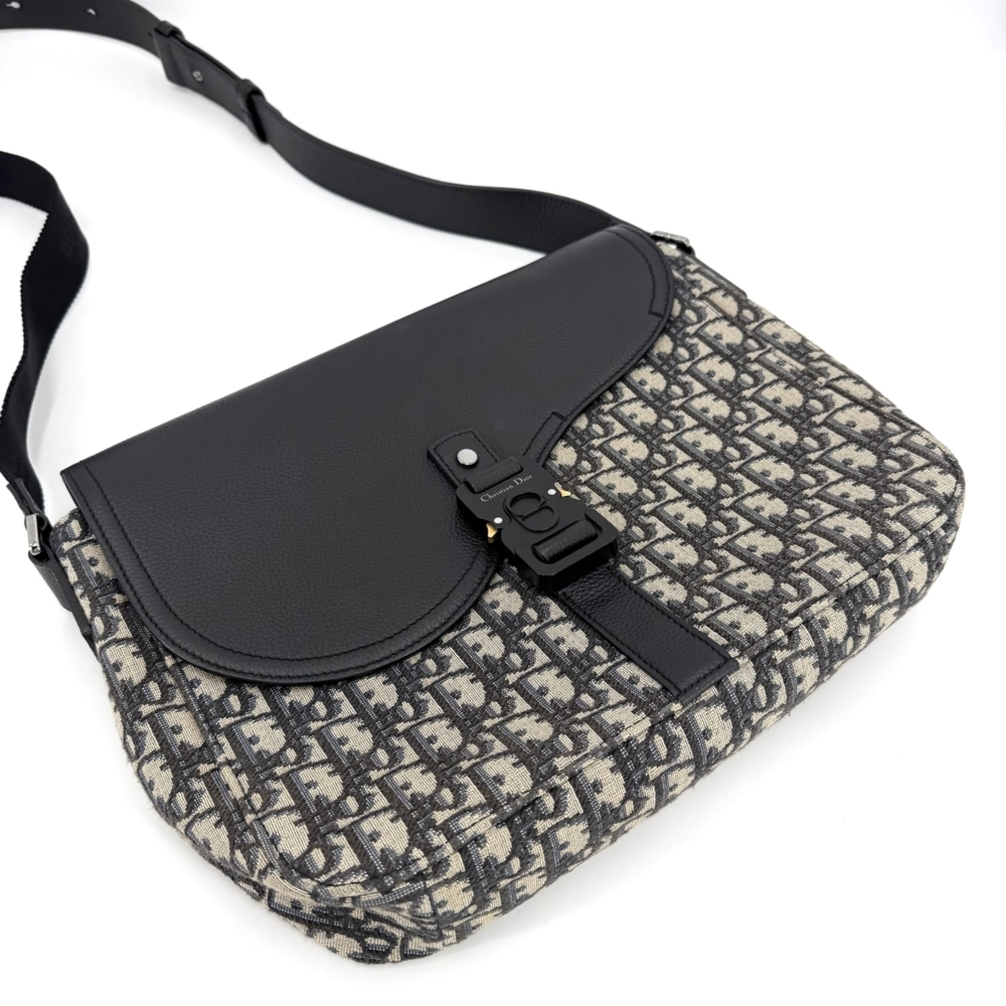 Christian Dior Beige Black Leather Canvas Shoulder Bag (Pre-Owned)