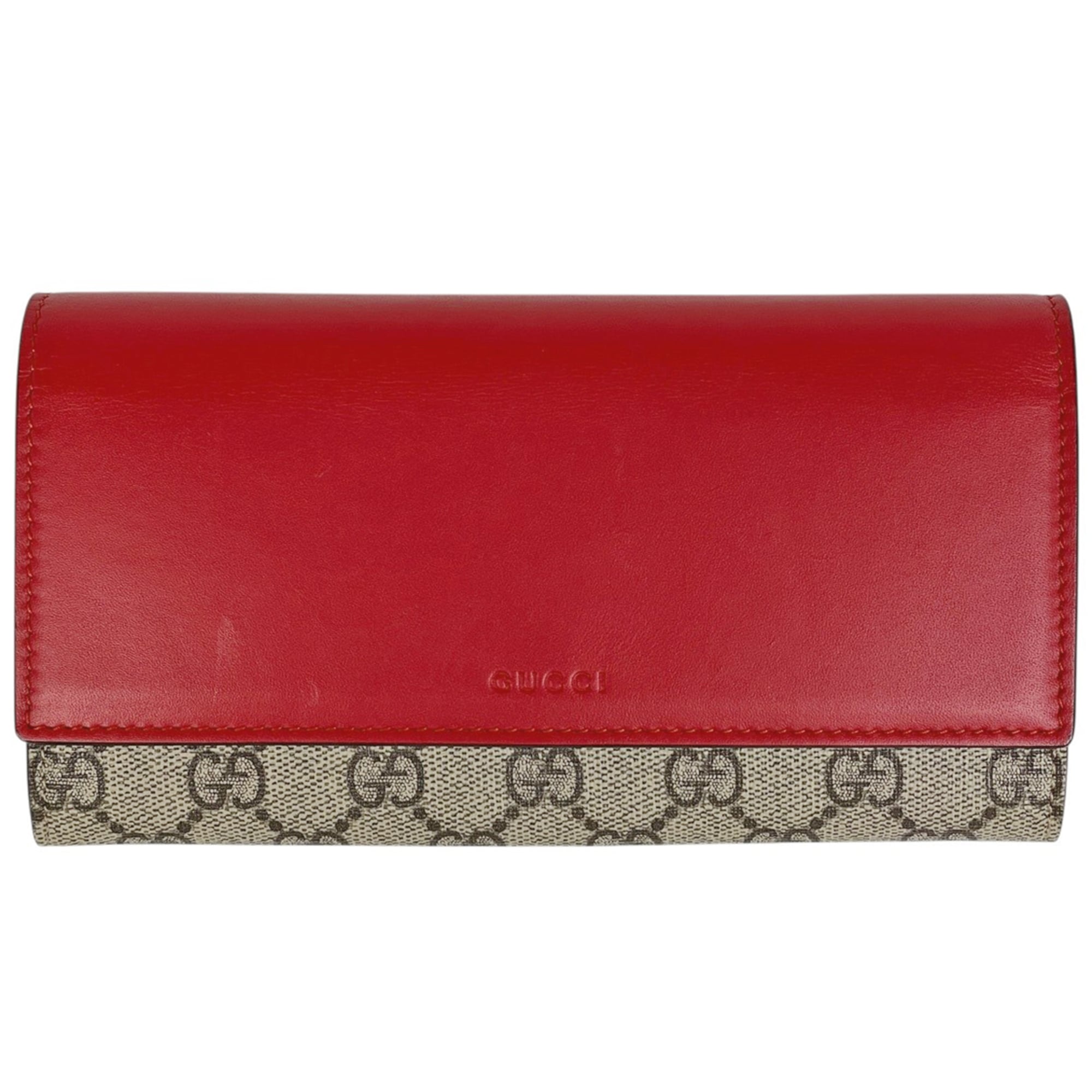 Gucci Beige Red Color Coated Canvas Leather Long Wallet (Bi-Fold) (Pre-Owned)