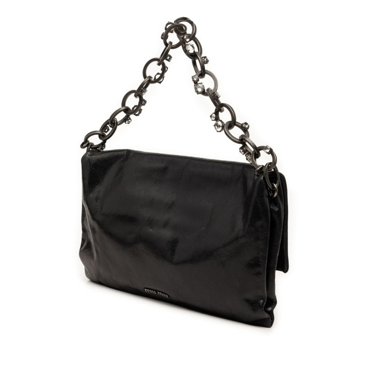 Miu Miu Black Leather Rhinestone Handbag Shoulder Bag (Pre-Owned)