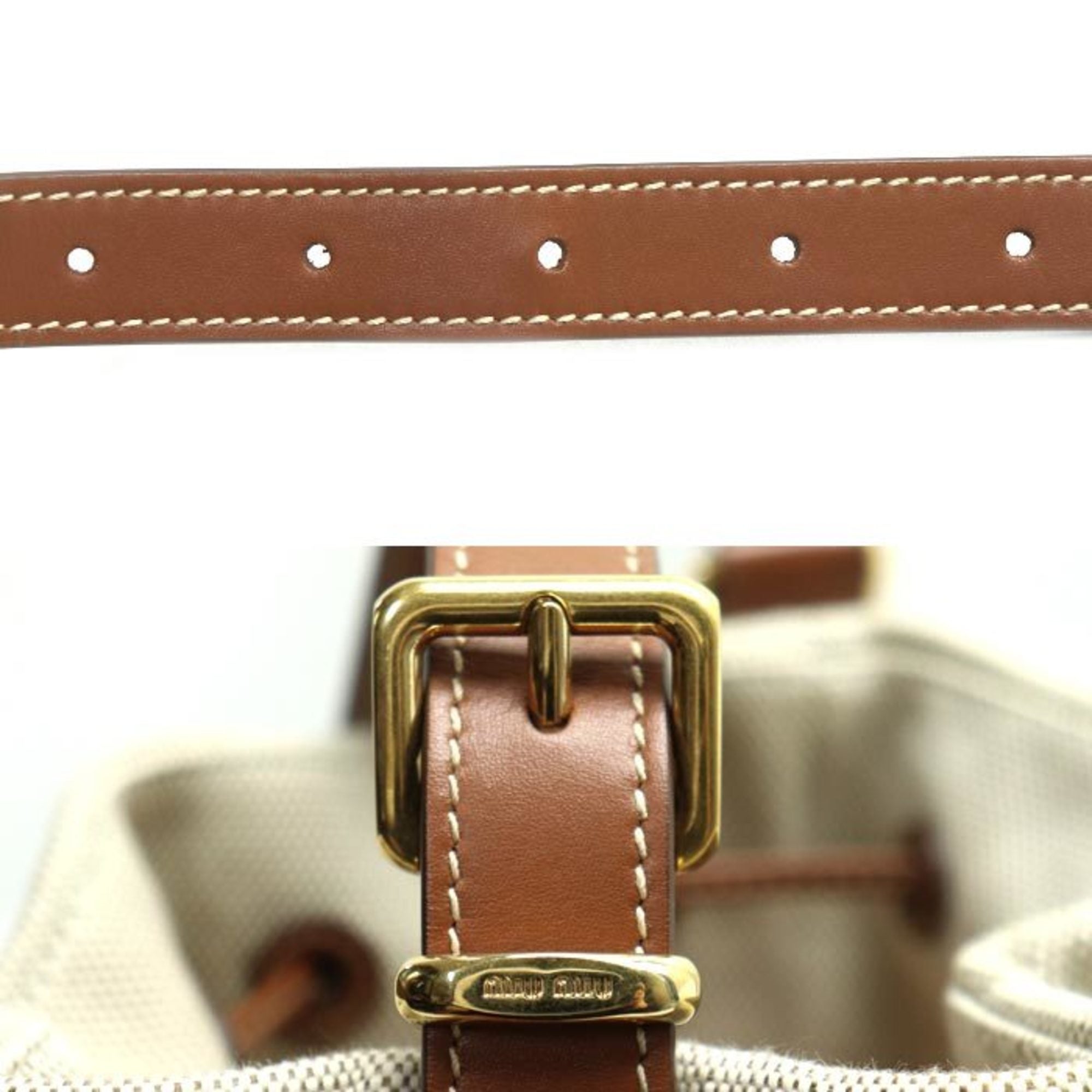 Miu Miu Beige Brown Canvas Leather Baguette Bag Shoulder Bag (Pre-Owned)