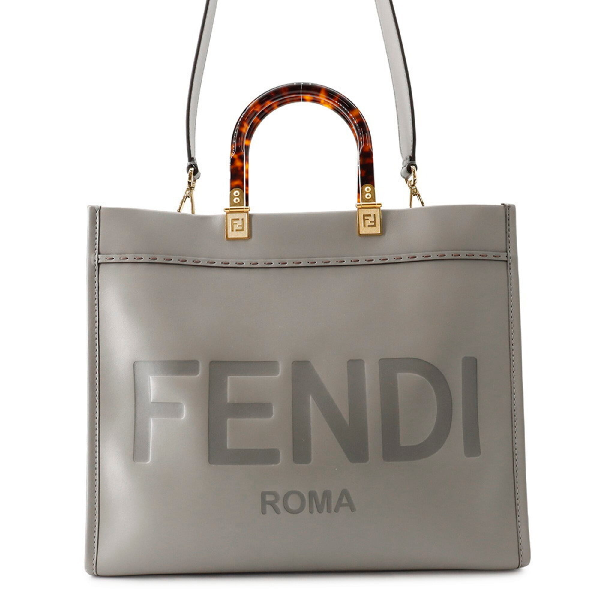 Fendi Gray Leather Handbag Shoulder Bag Tote Bag (Pre-Owned)