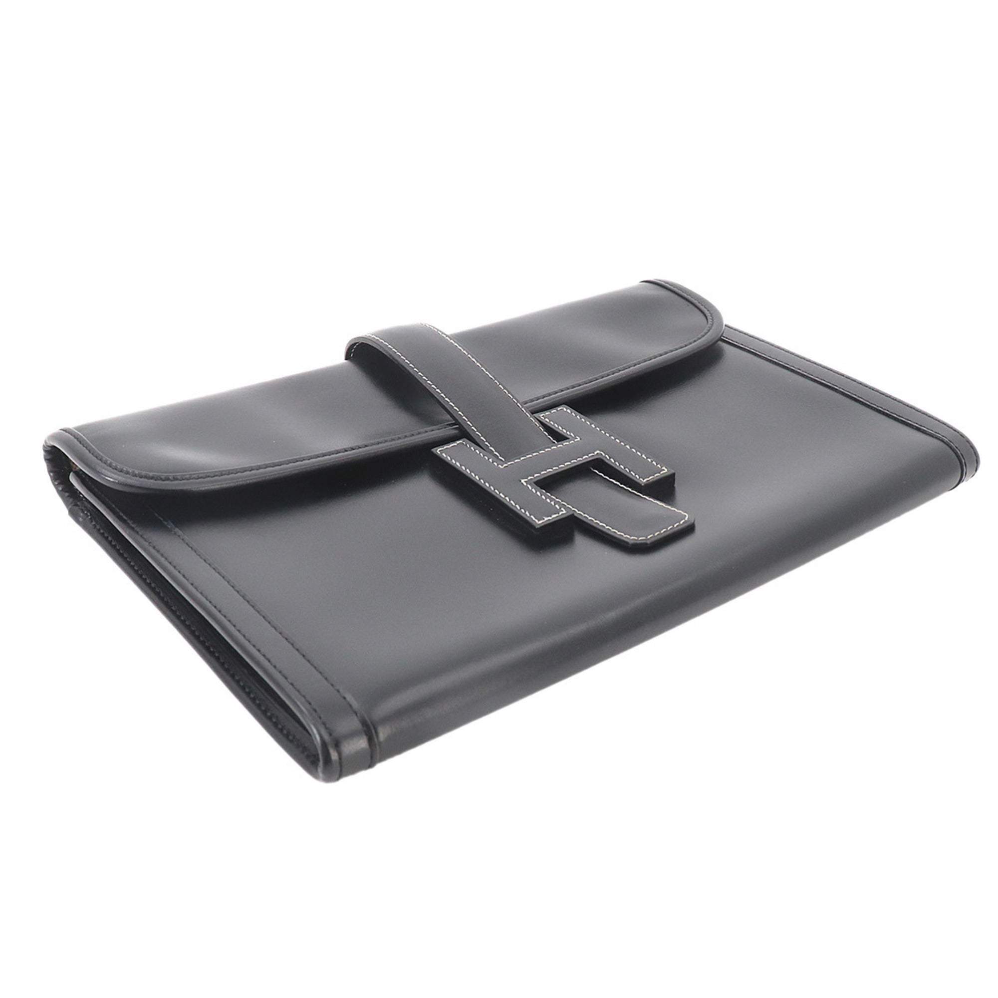 Hermes Jige Black Box Calf Leather Clutch Bag Handbag (Pre-Owned)