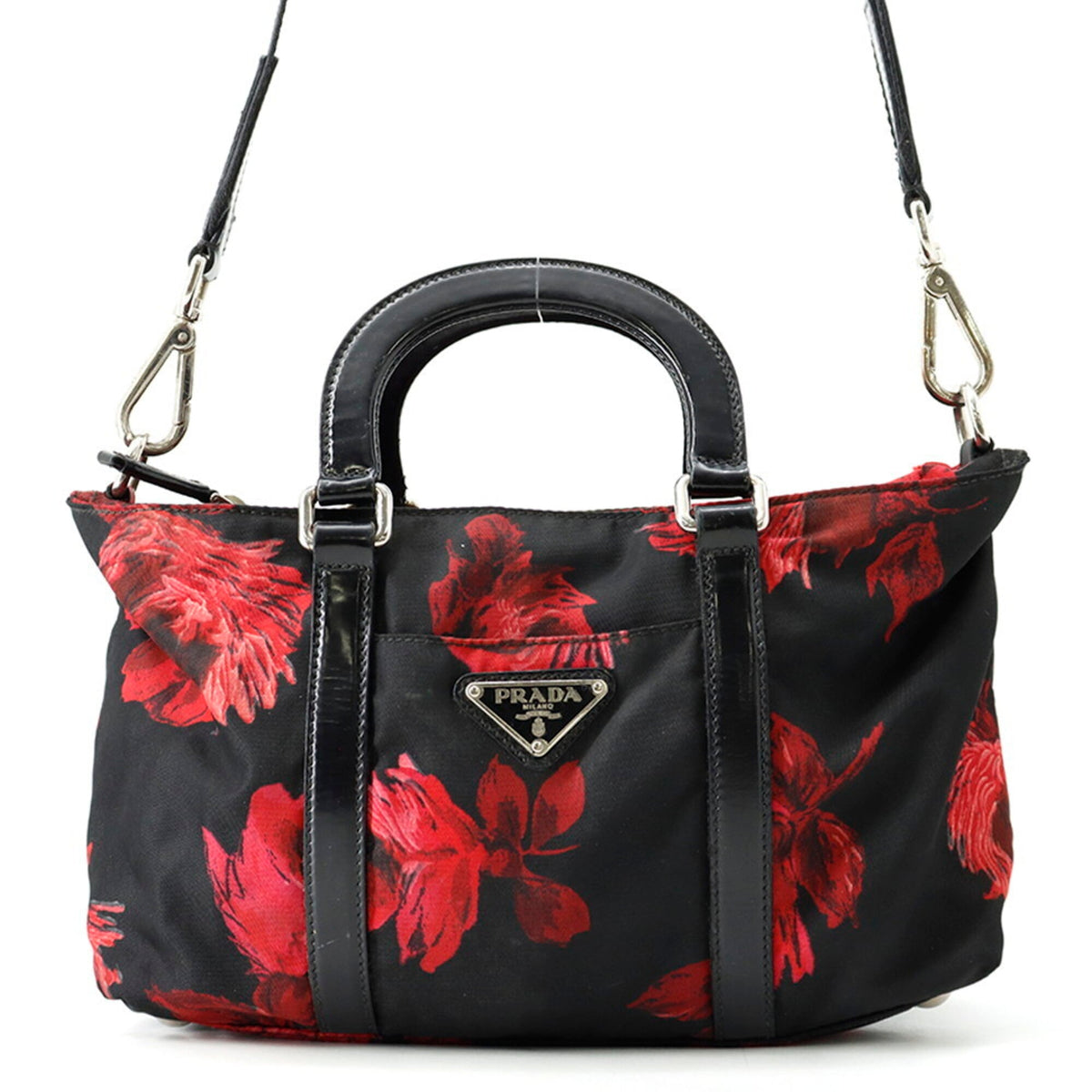 Prada Black Red Color Nylon Leather Handbag (Pre-Owned)